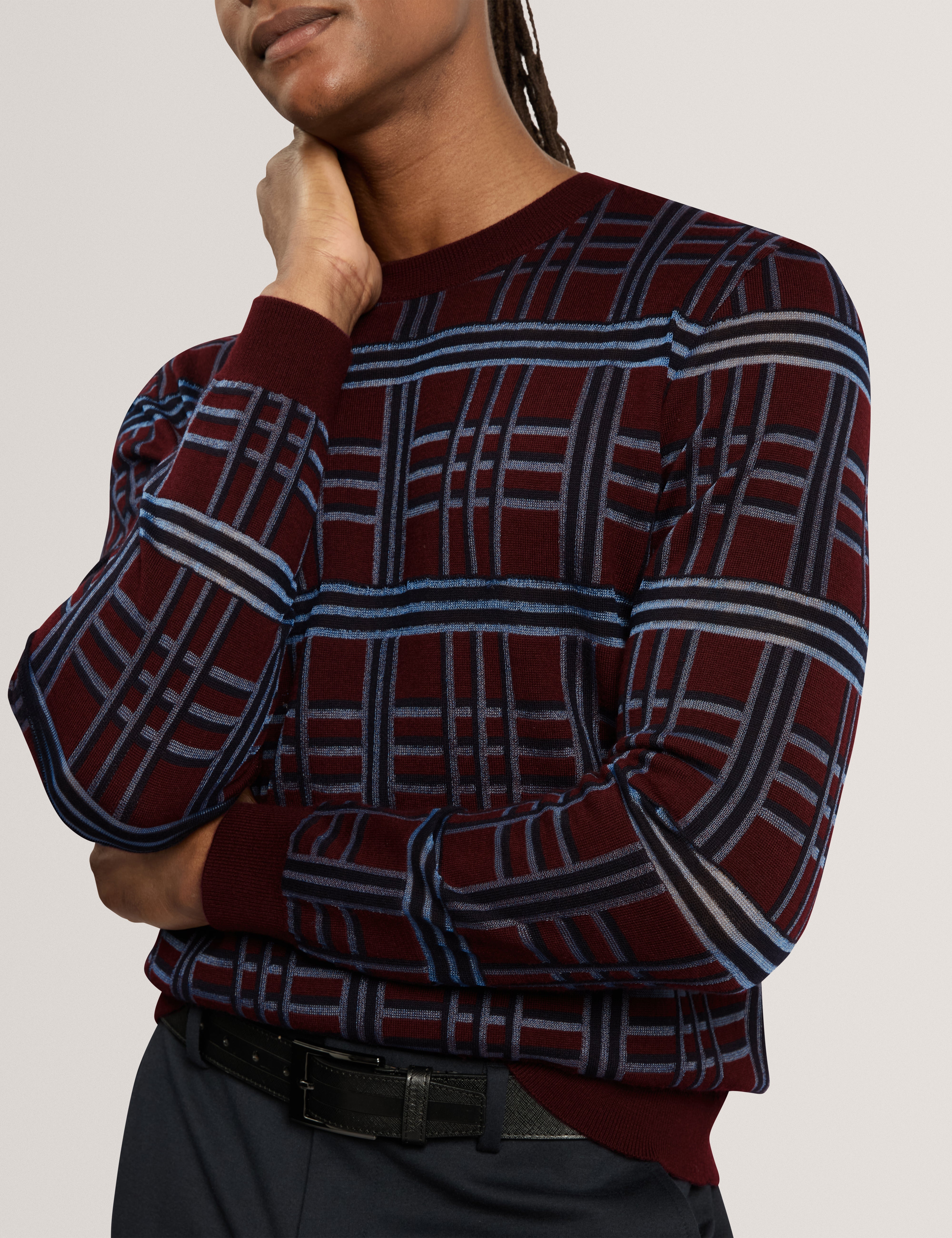 Eatton Check Stitch Crew Neck Maroon