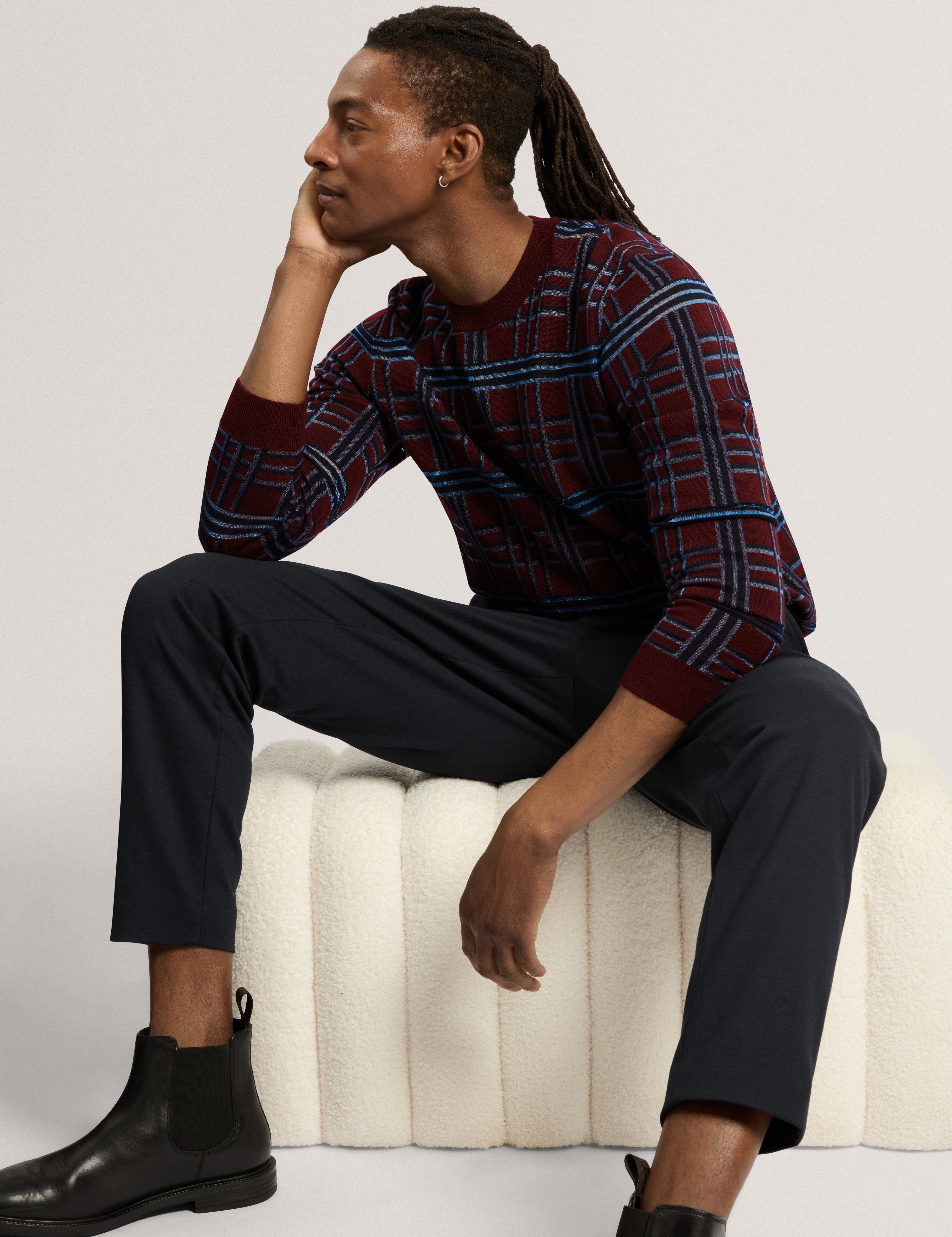 Eatton Check Stitch Crew Neck Maroon