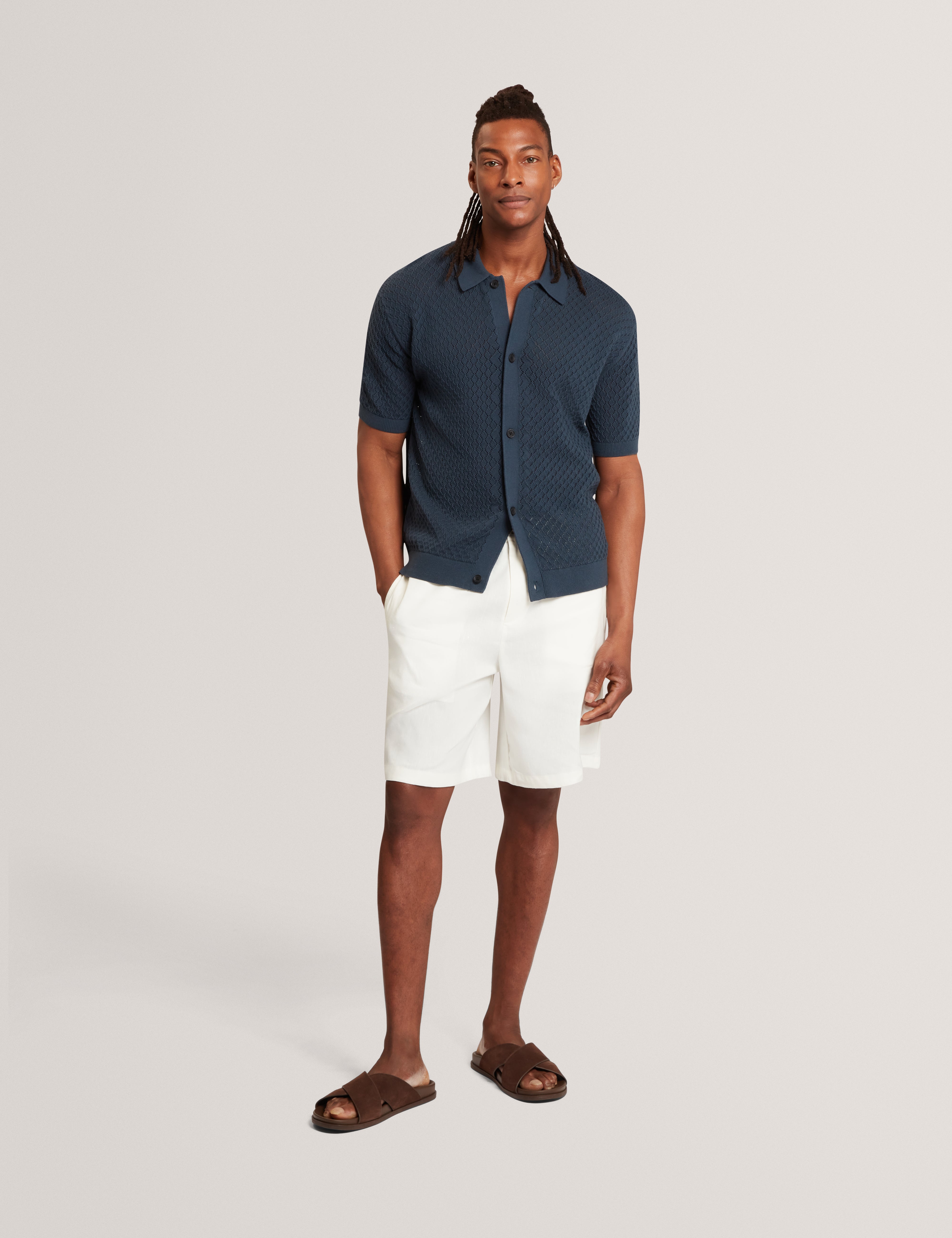 Domati Short Sleeve Relaxed Fit Crochet Polo Mid-Navy