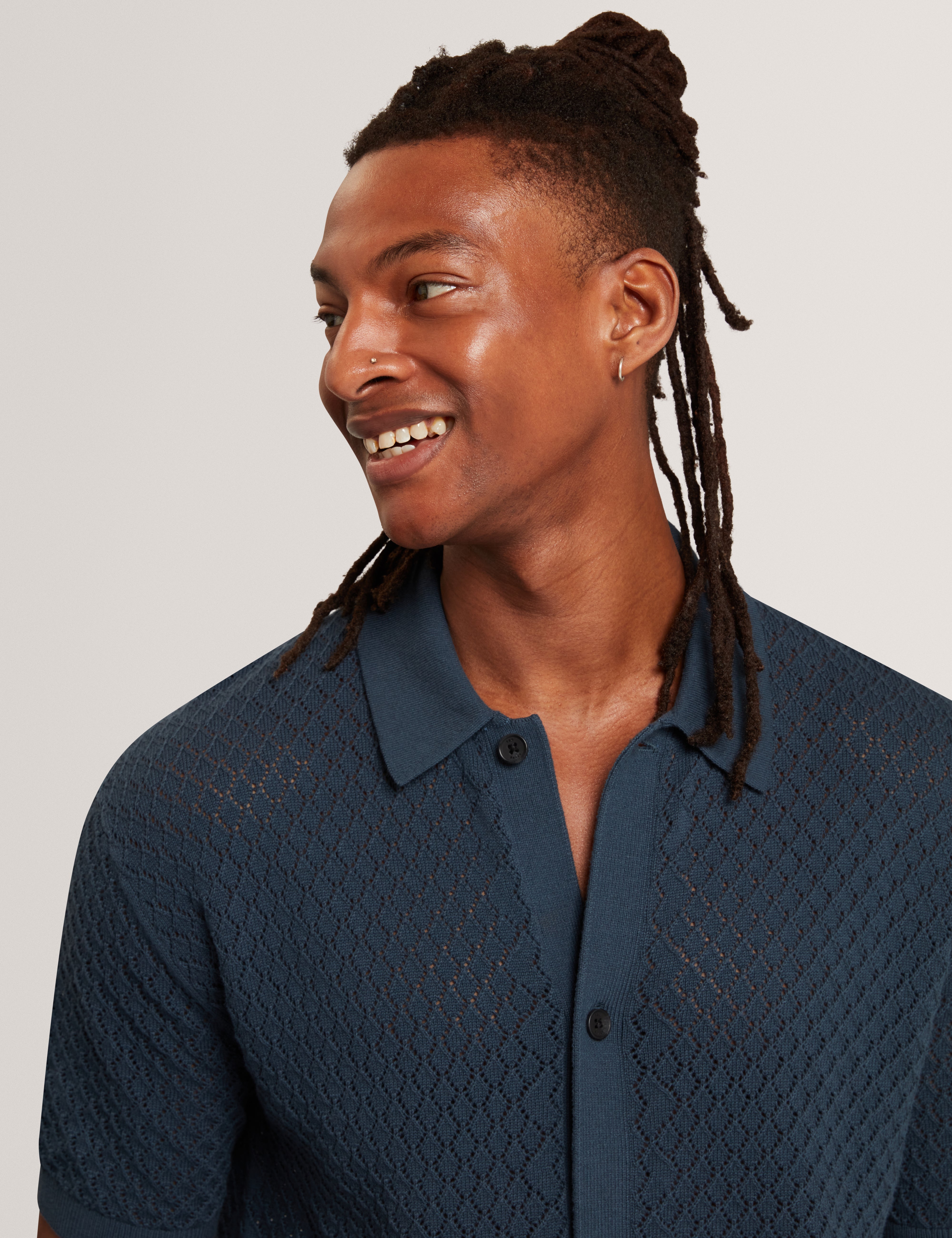 Domati Short Sleeve Relaxed Fit Crochet Polo Mid-Navy