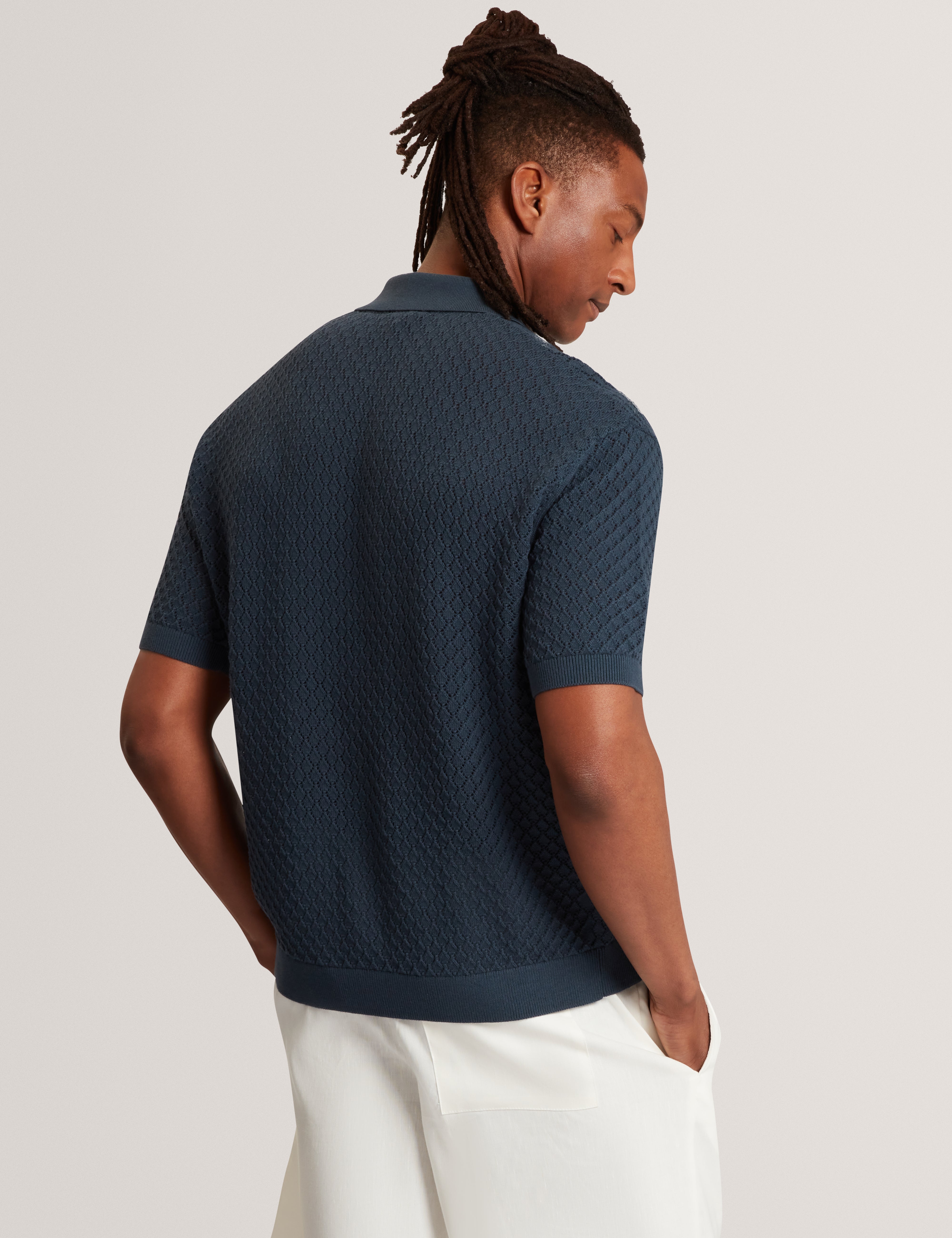 Domati Short Sleeve Relaxed Fit Crochet Polo Mid-Navy