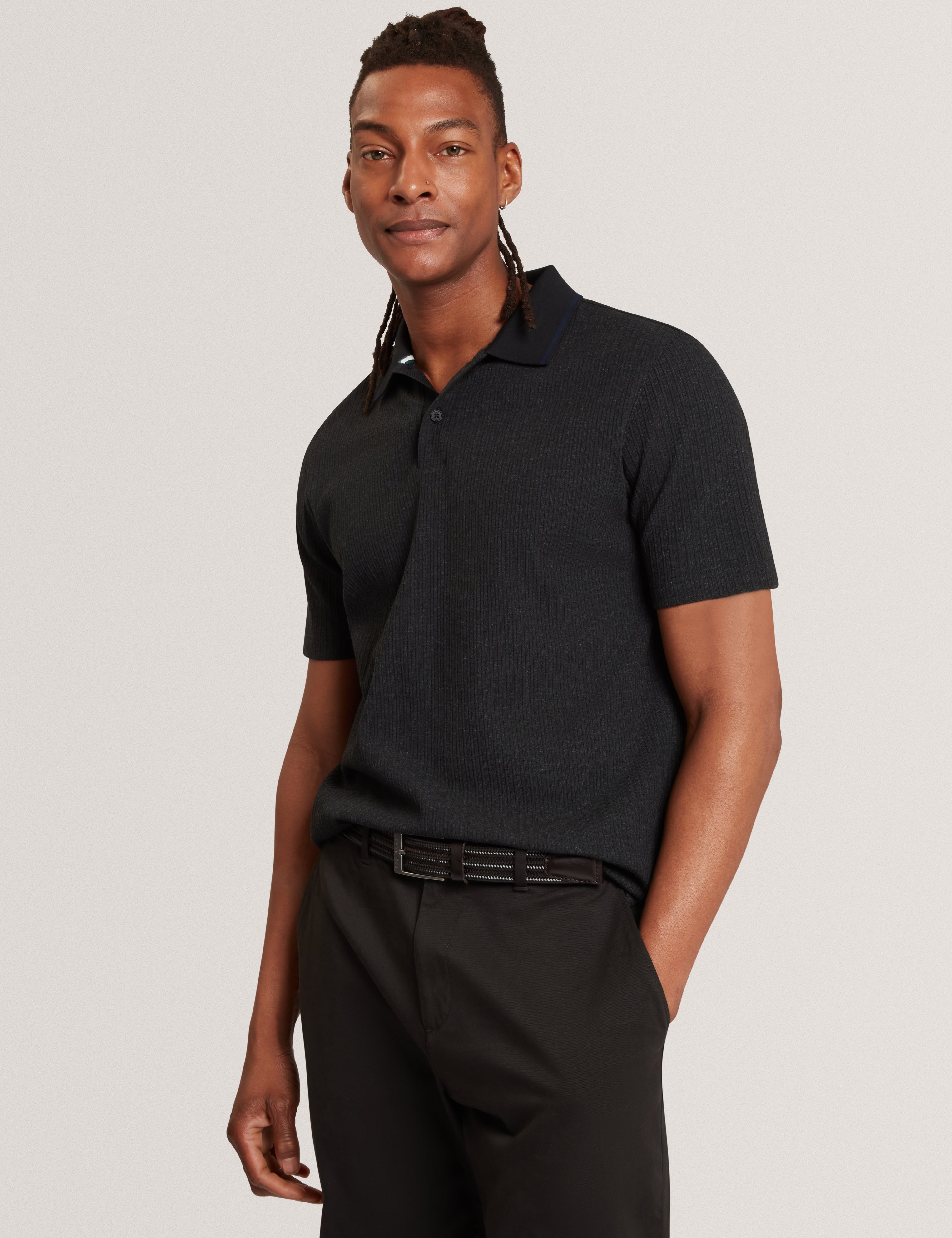 Hammon Short Sleeve Rib Stitch Detail Polo Black