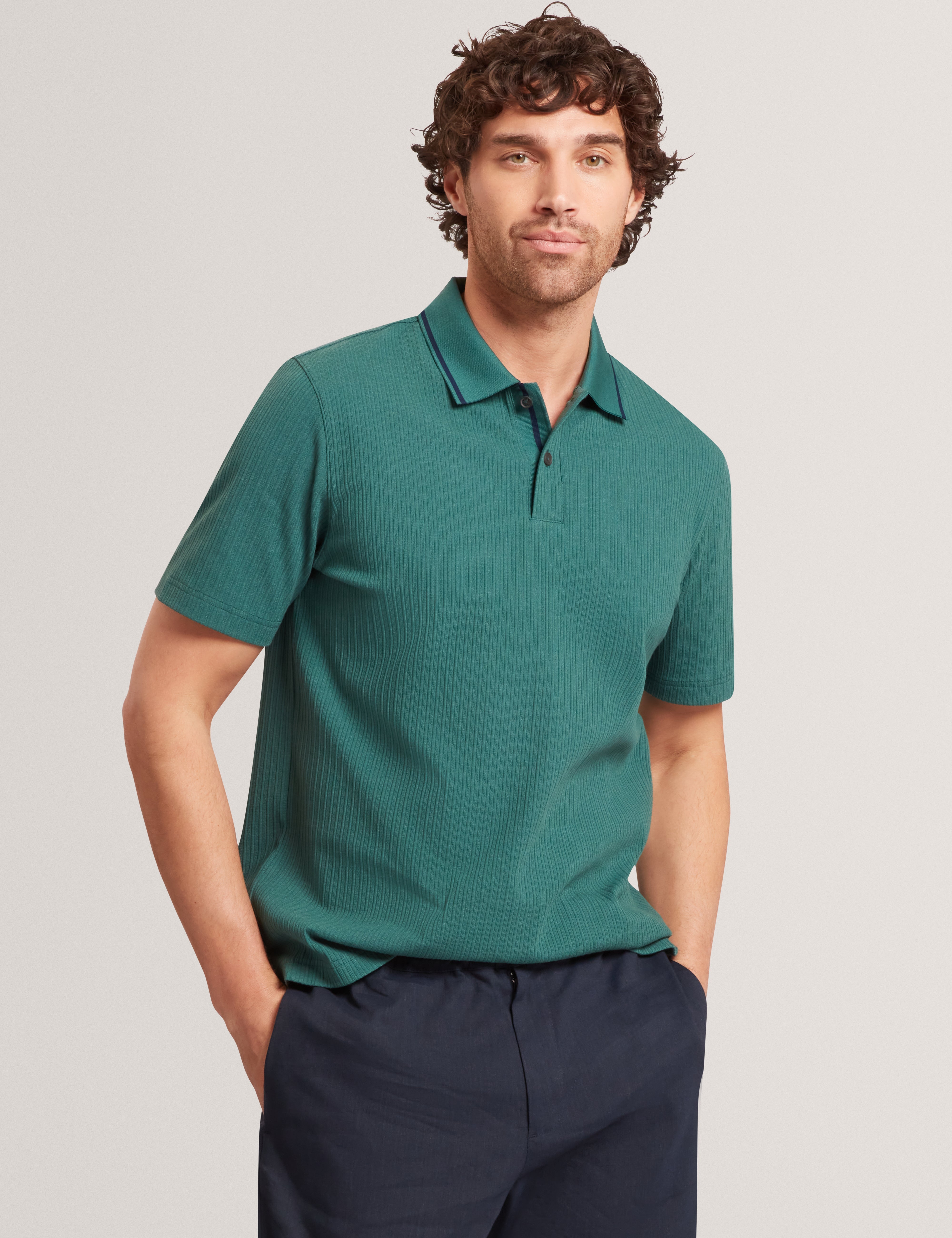 Hammon Short Sleeve Rib Stitch Detail Polo Dk-Green