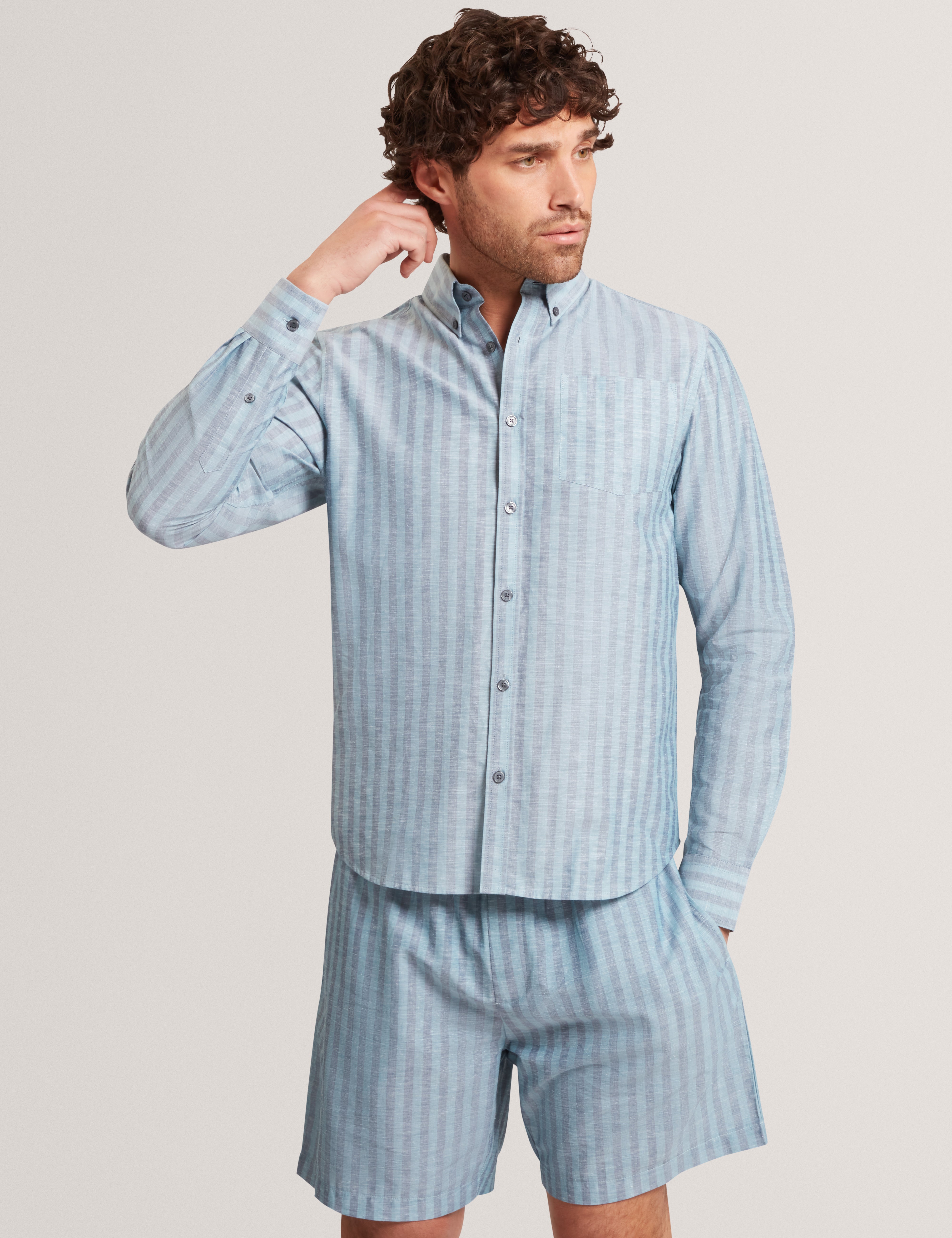 Andrsen Ls Regular Linen Blend Stripe Teal-Blue