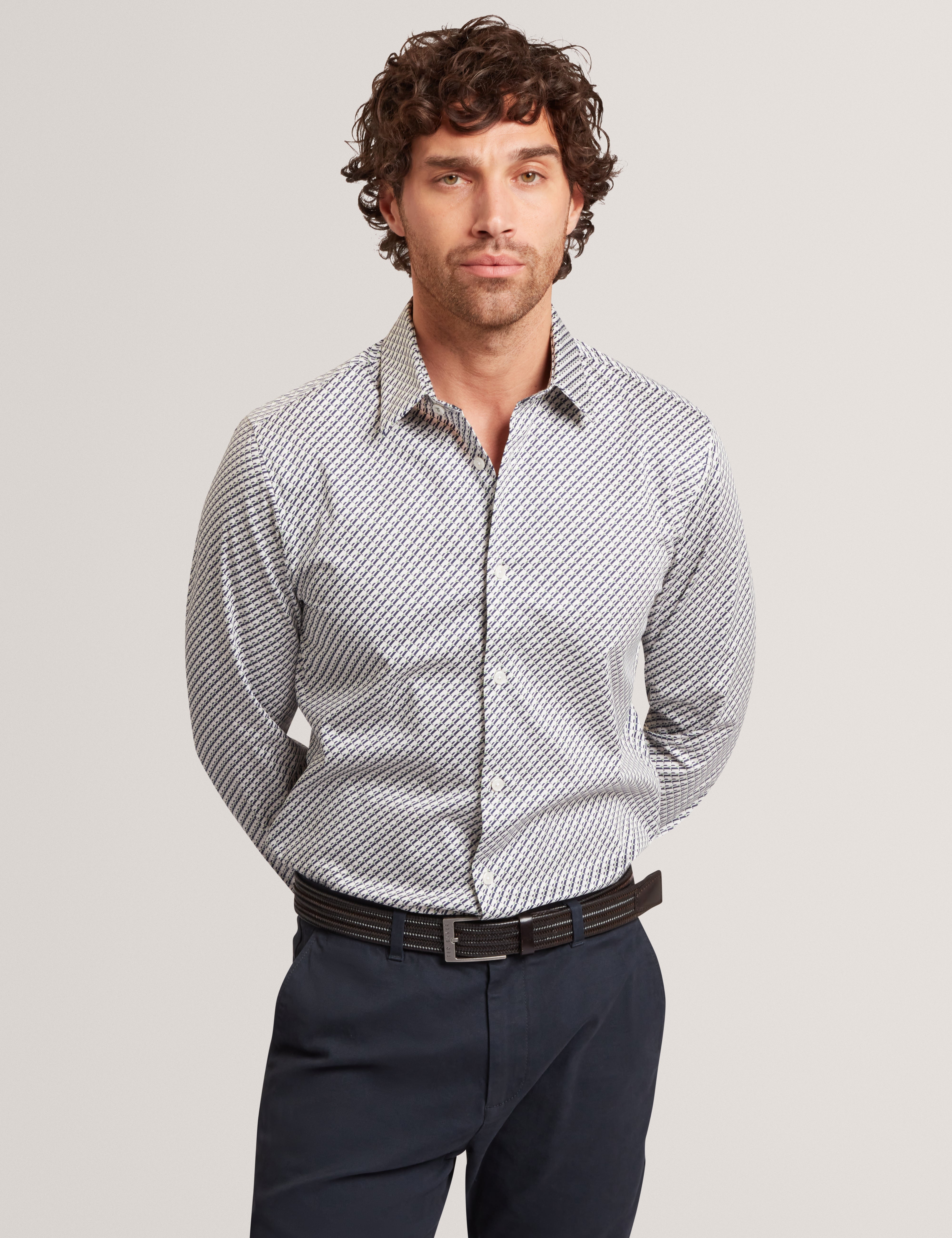 Grelish Ls Slim Micro Geo Shirt Grey-Marl