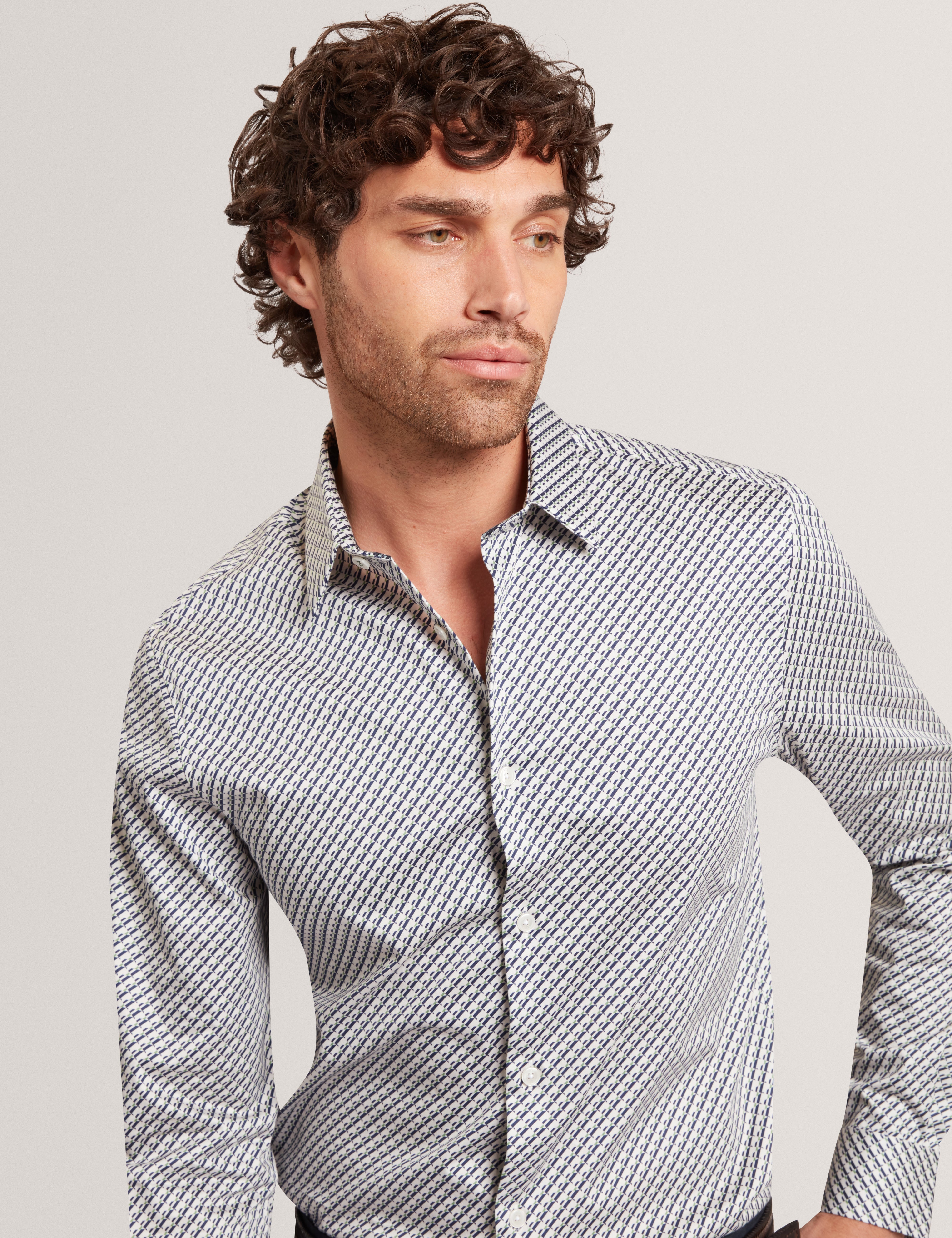 Grelish Ls Slim Micro Geo Shirt Grey-Marl