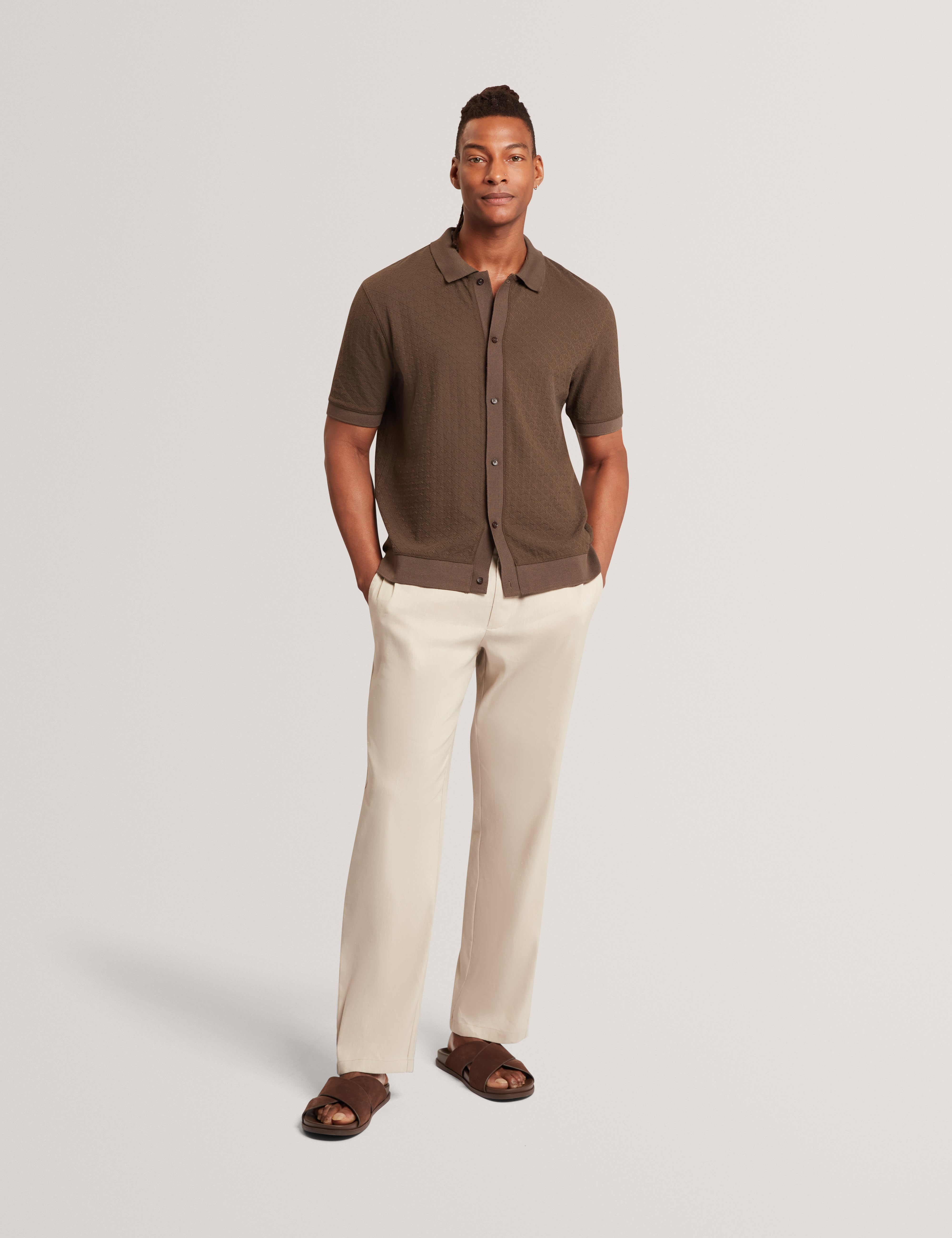 Doltten Ss Textured Button Through Polo Dk-Brown