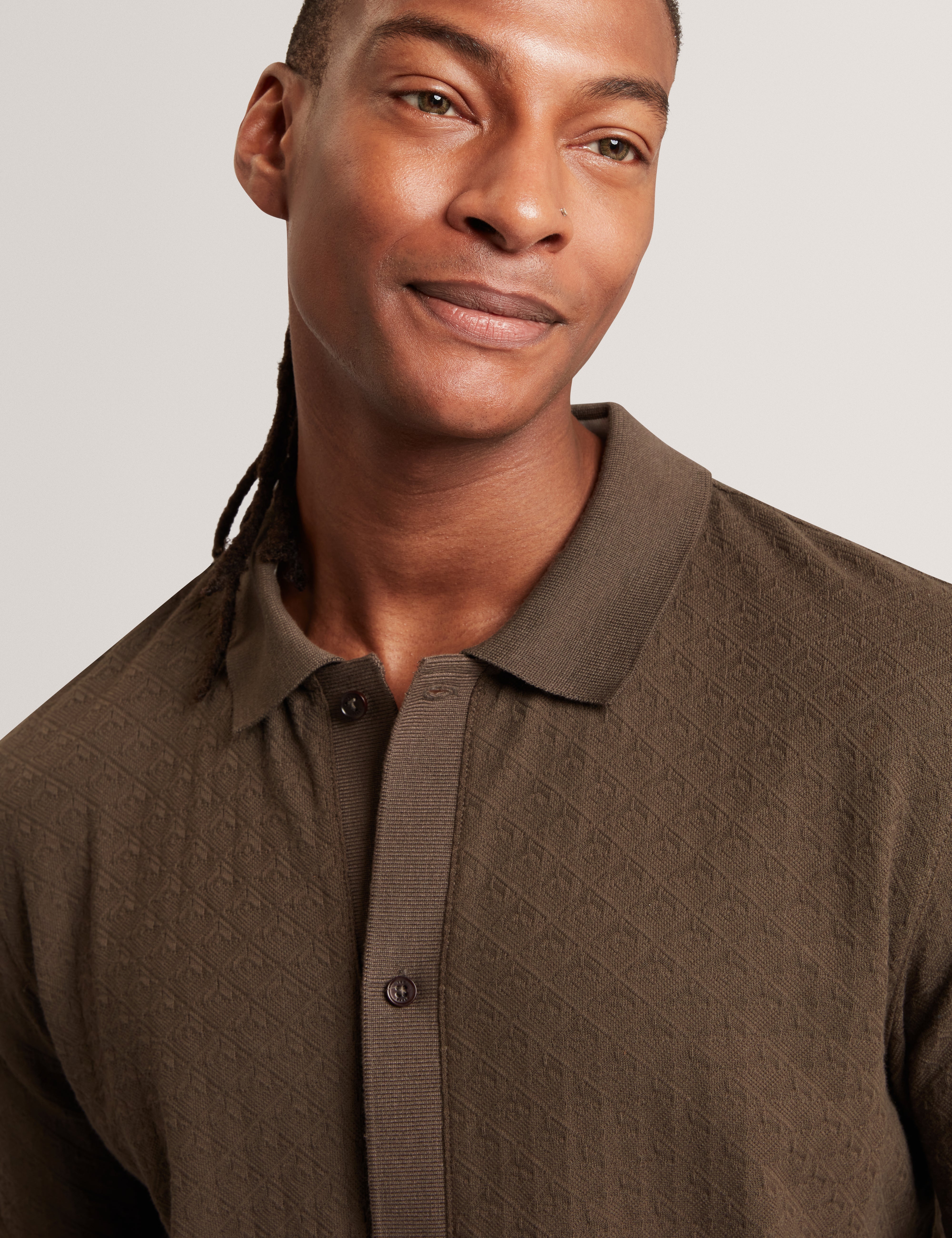 Doltten Ss Textured Button Through Polo Dk-Brown