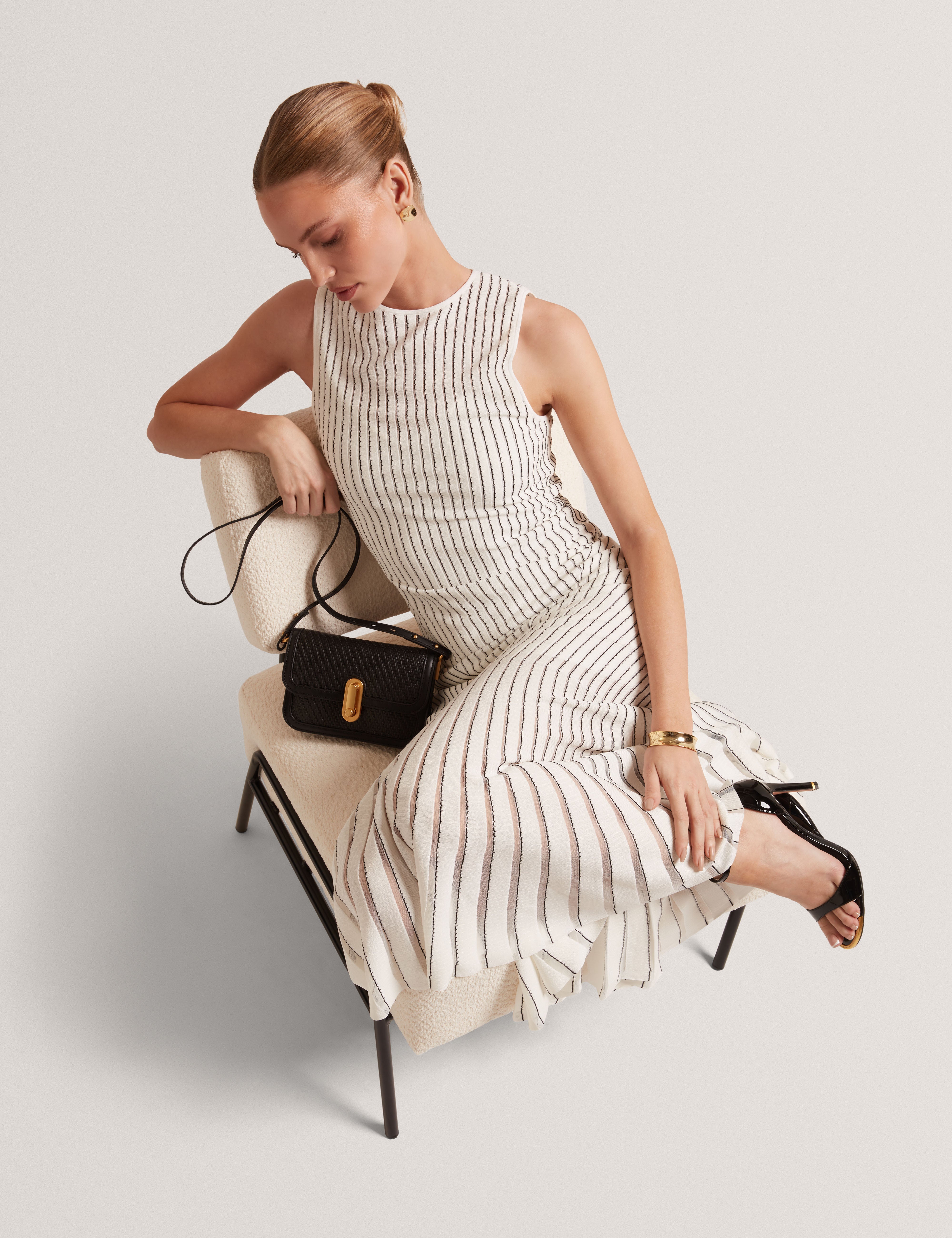 Casandr Stitch Detail Knitted Midi Dress Ivory