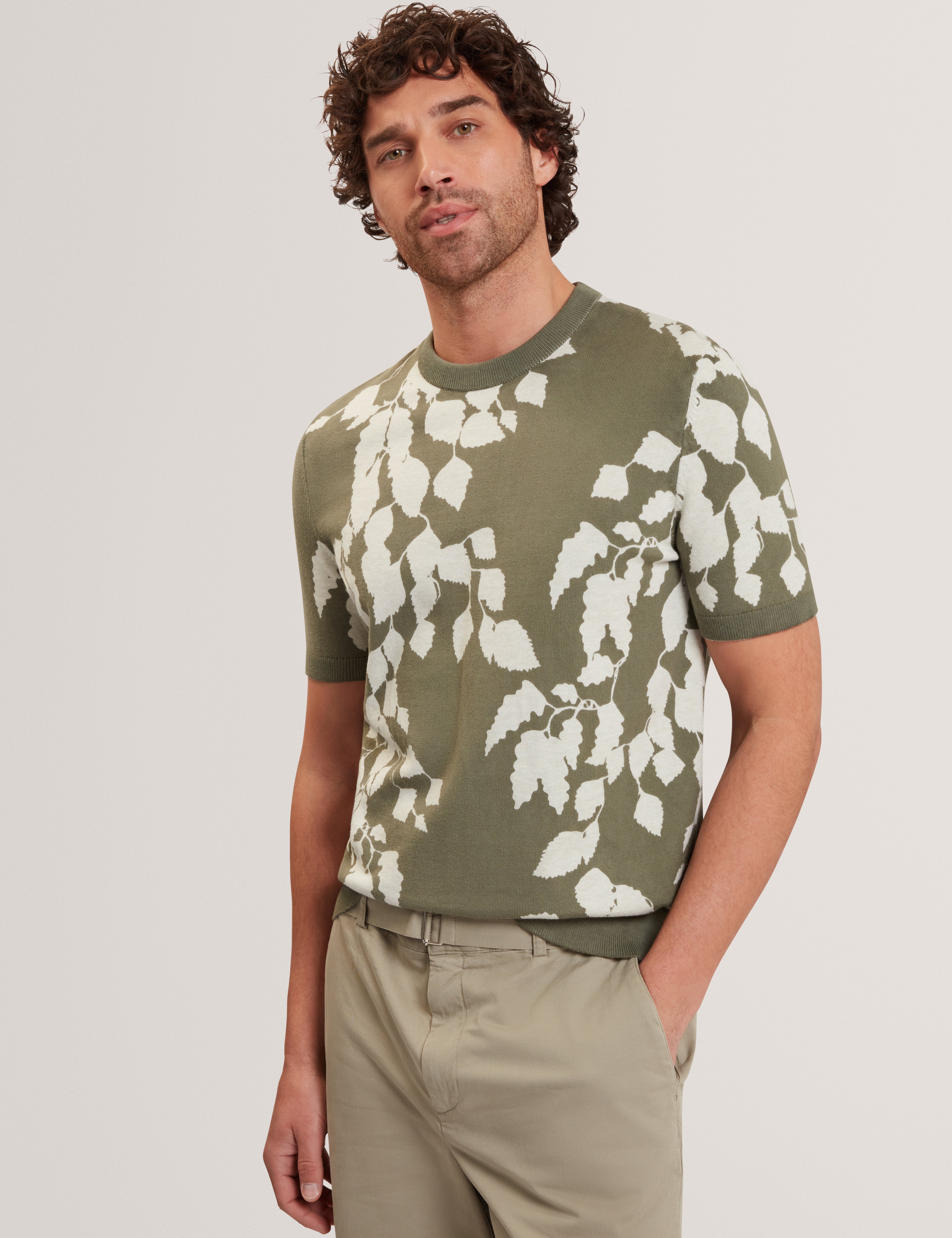 Alddat Ss Leaf Print Knitted T-Shirt Pl-Green