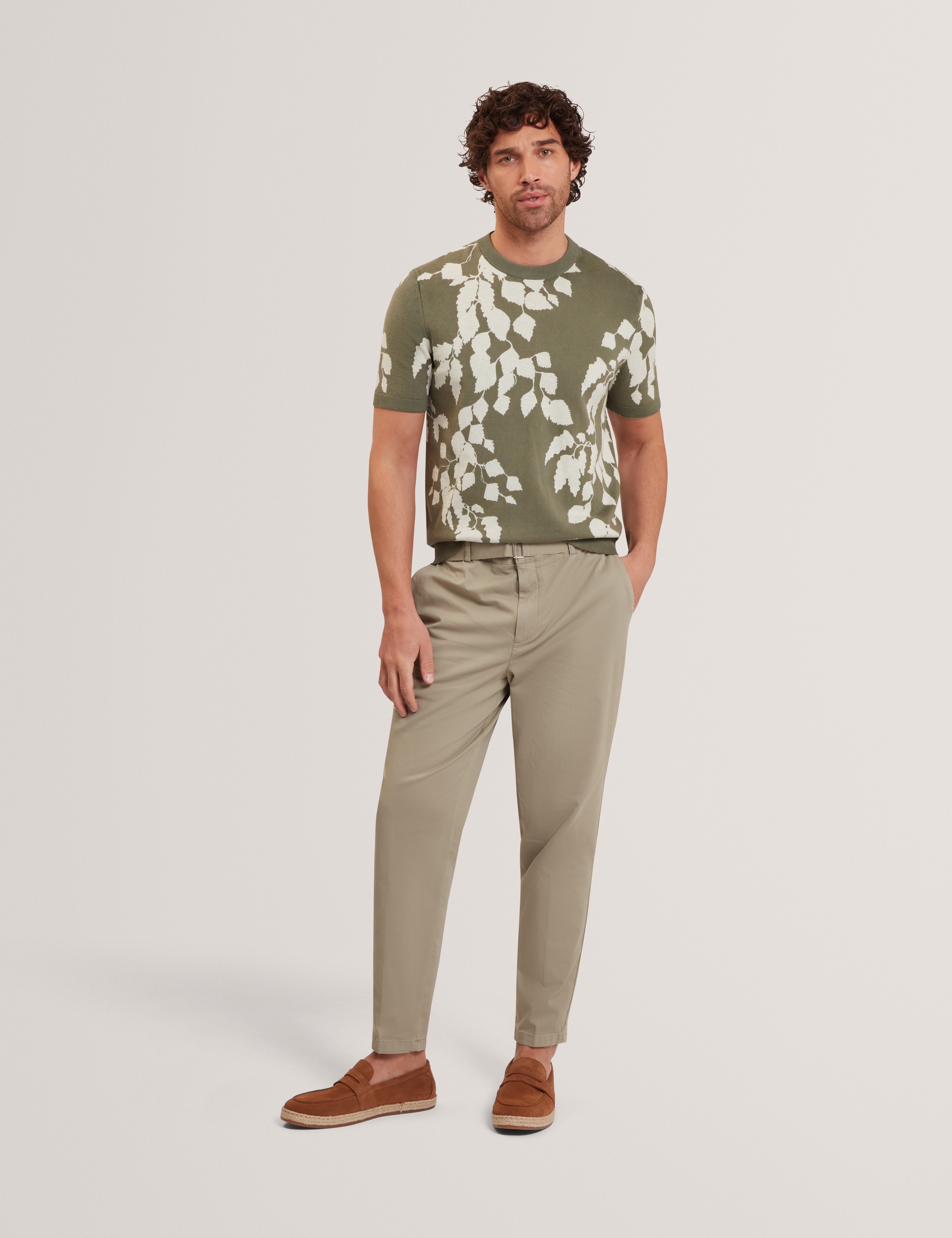 Alddat Ss Leaf Print Knitted T-Shirt Pl-Green