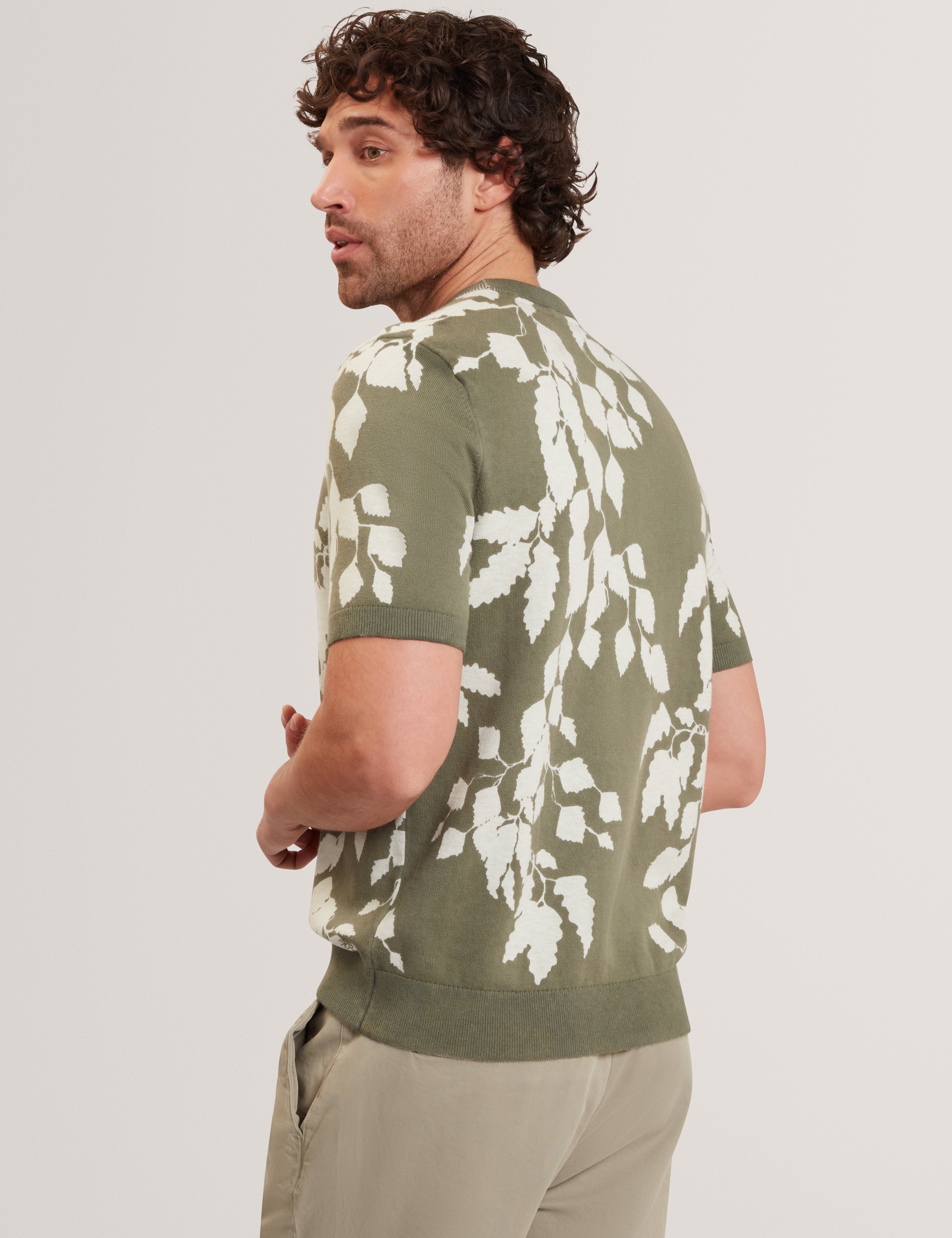 Alddat Ss Leaf Print Knitted T-Shirt Pl-Green