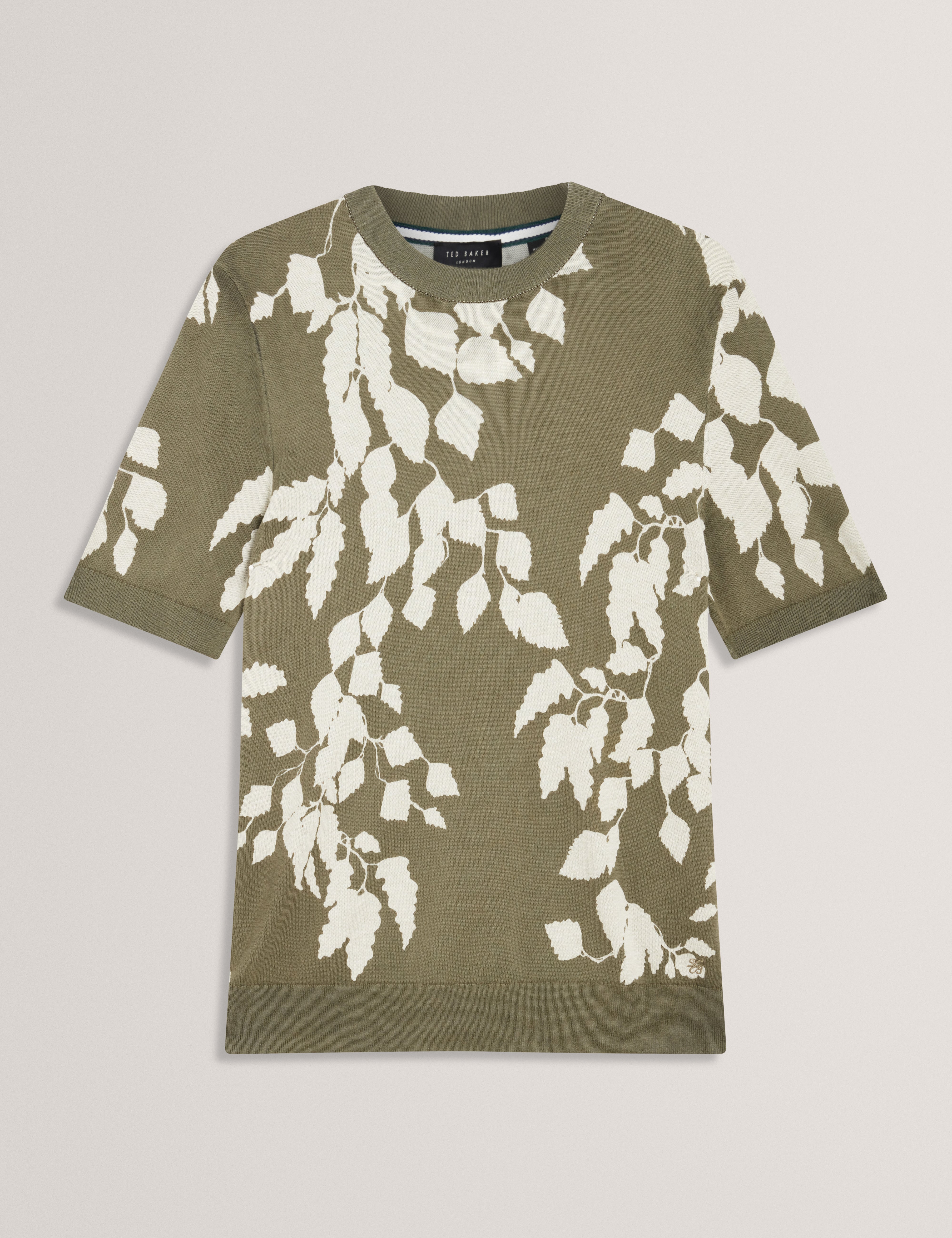 Alddat Ss Leaf Print Knitted T-Shirt Pl-Green