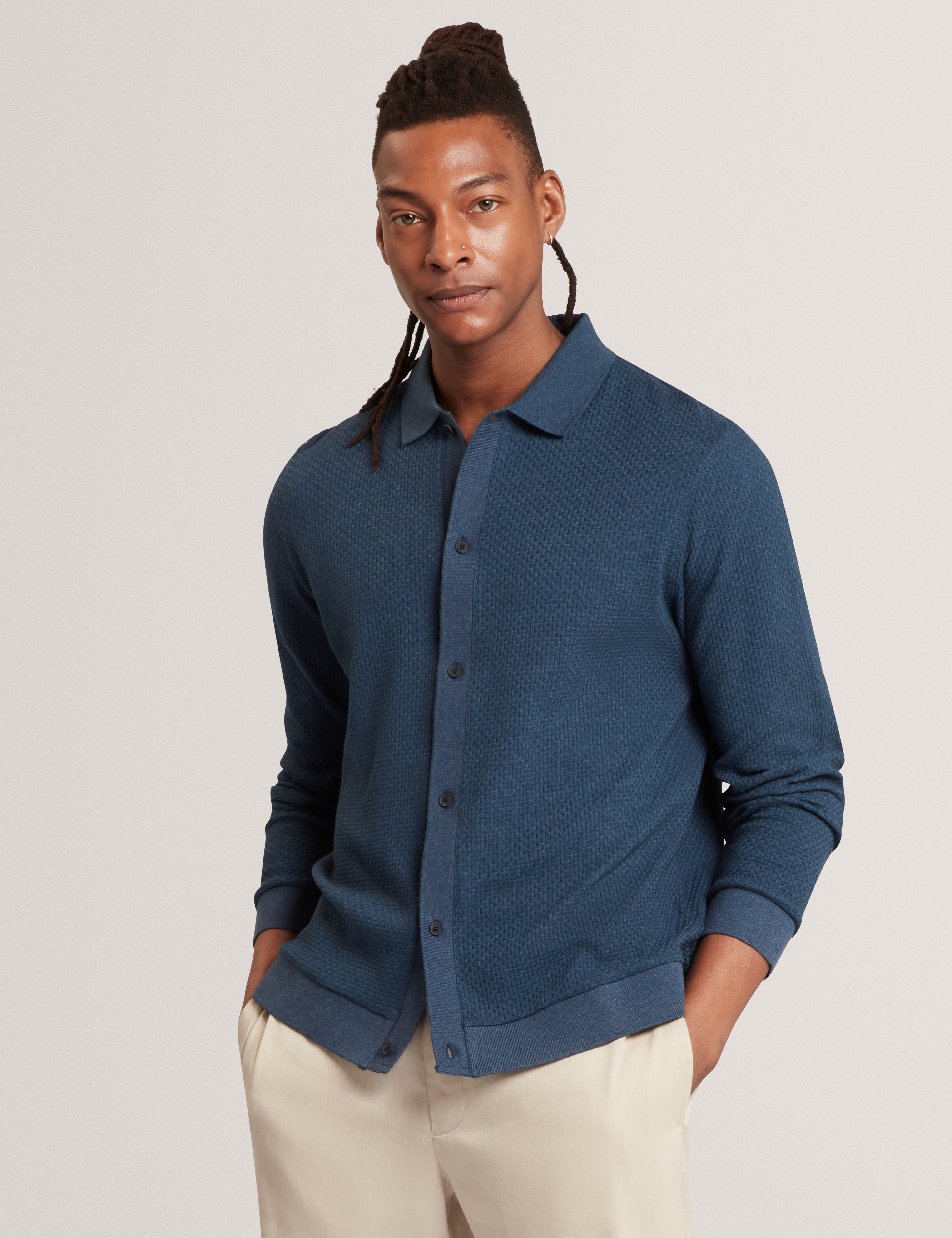 Wilkes Long Sleeve Regular Button Through Polo Mid-Navy