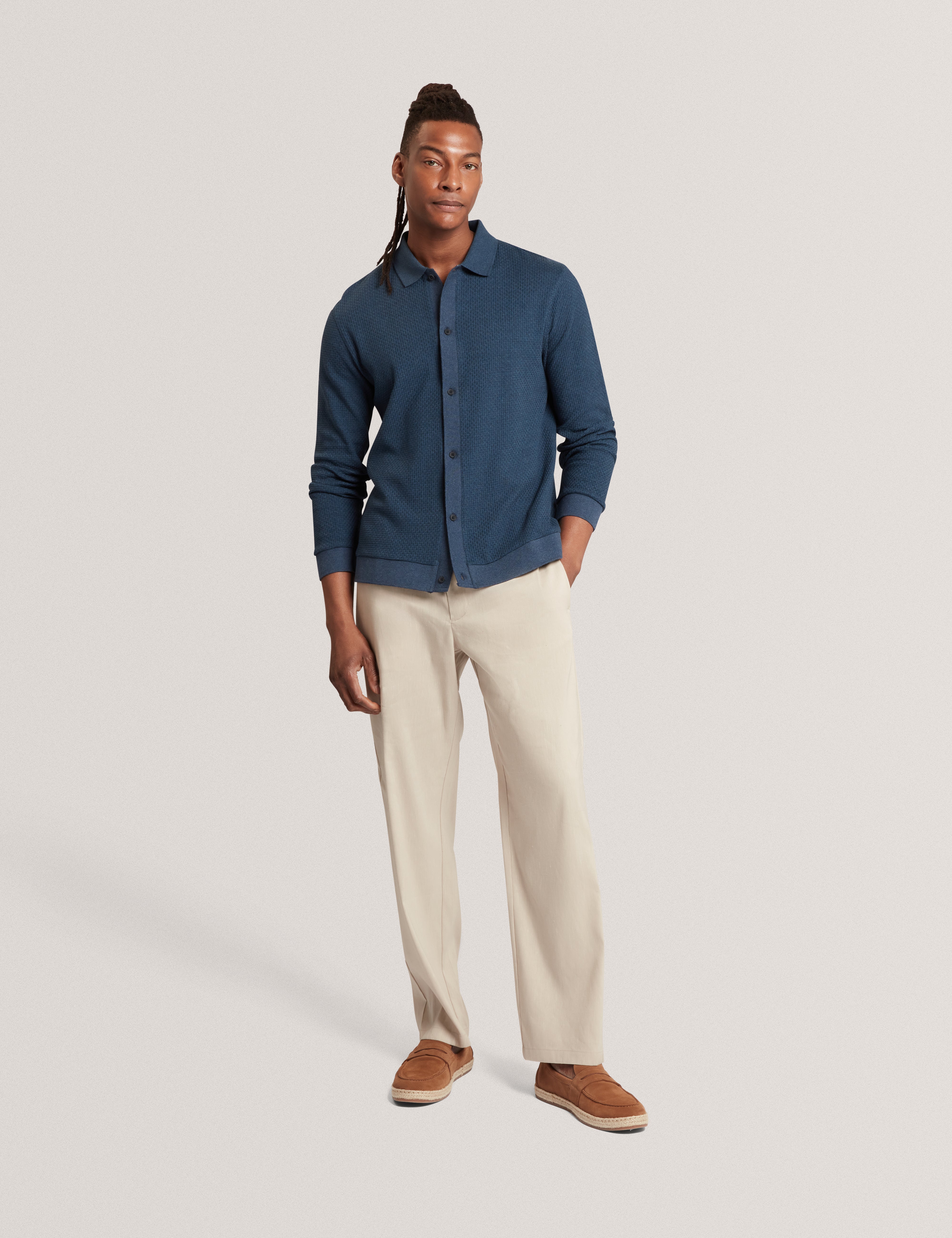 Wilkes Long Sleeve Regular Button Through Polo Mid-Navy