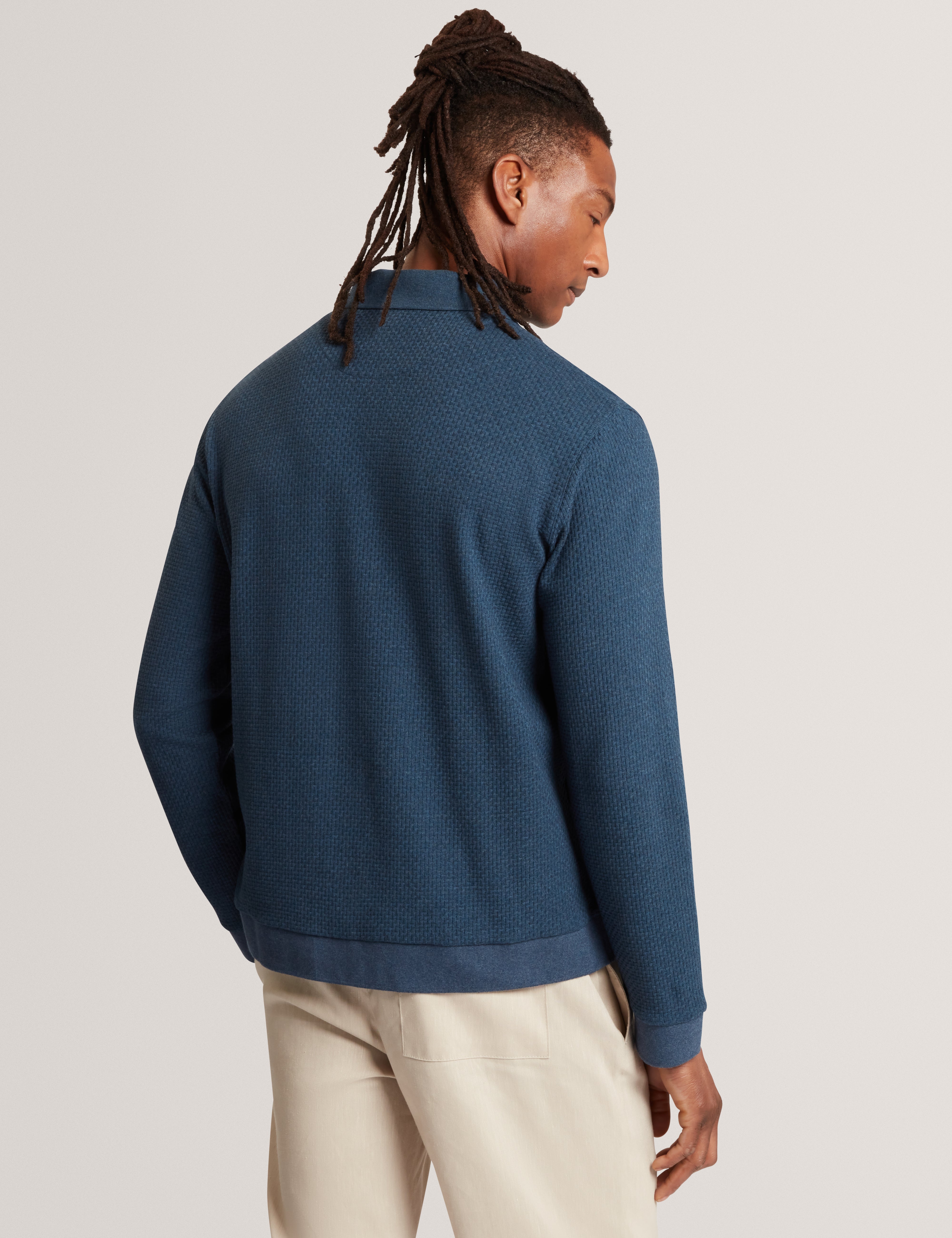 Wilkes Long Sleeve Regular Button Through Polo Mid-Navy
