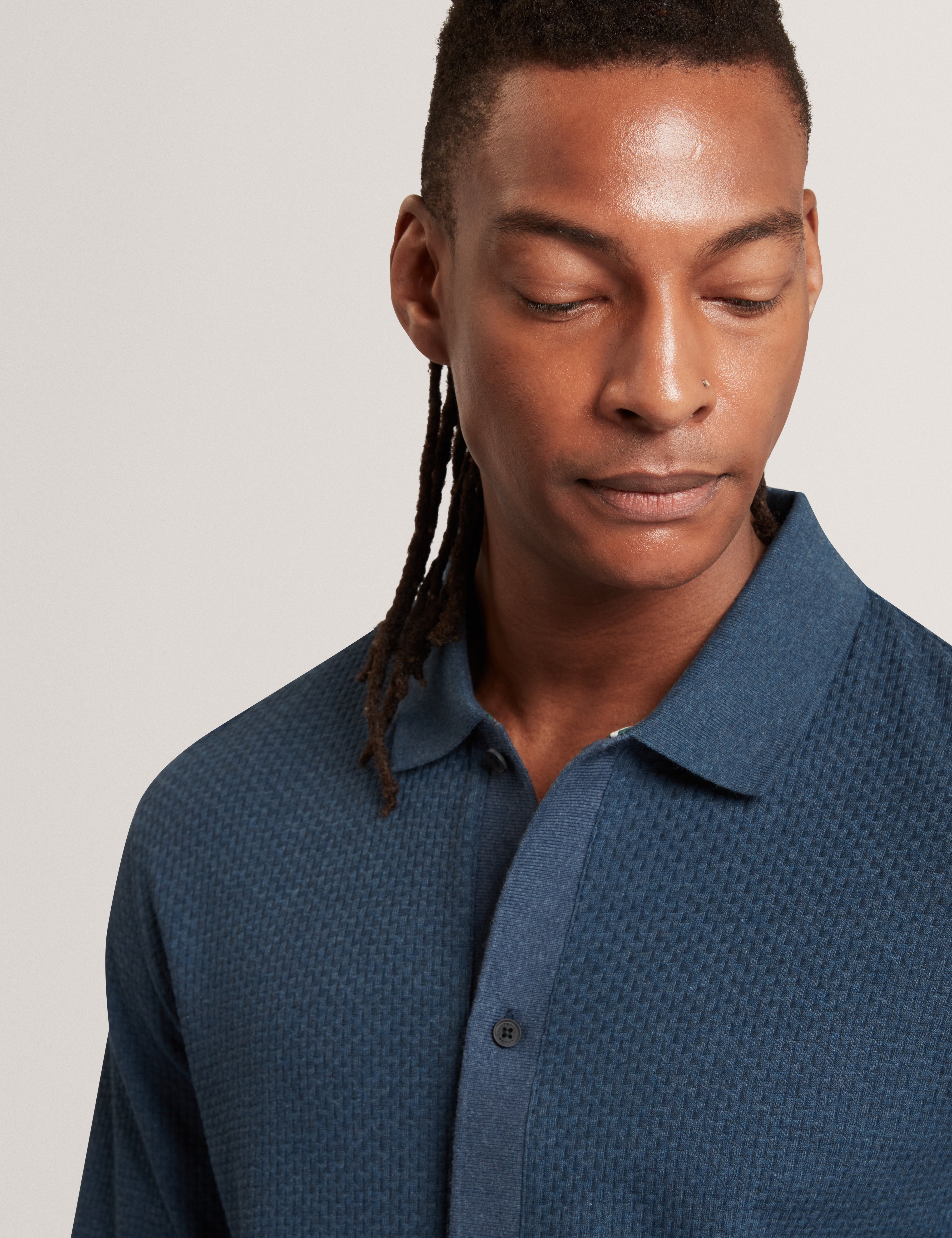 Wilkes Long Sleeve Regular Button Through Polo Mid-Navy