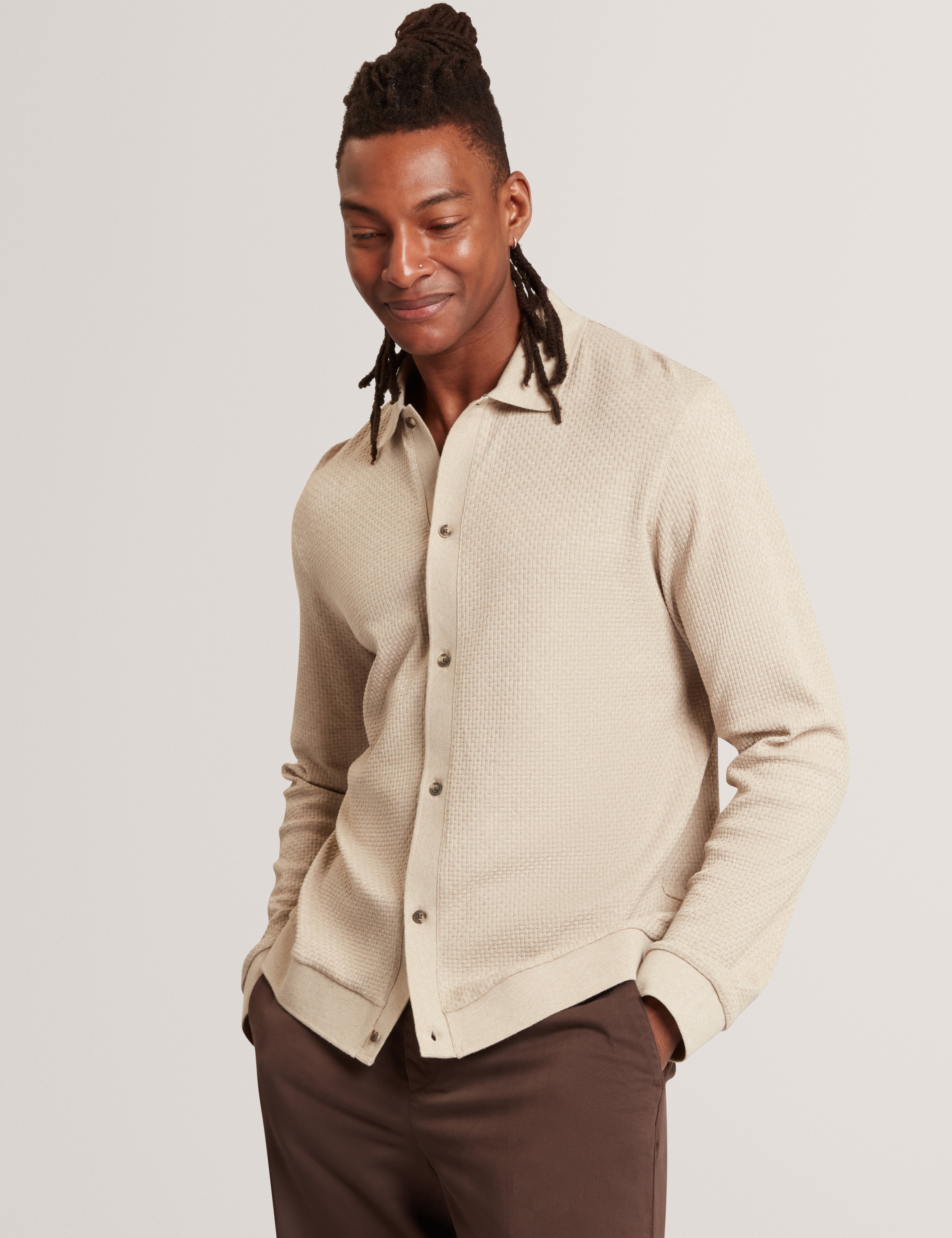 Wilkes Long Sleeve Regular Button Through Polo Taupe