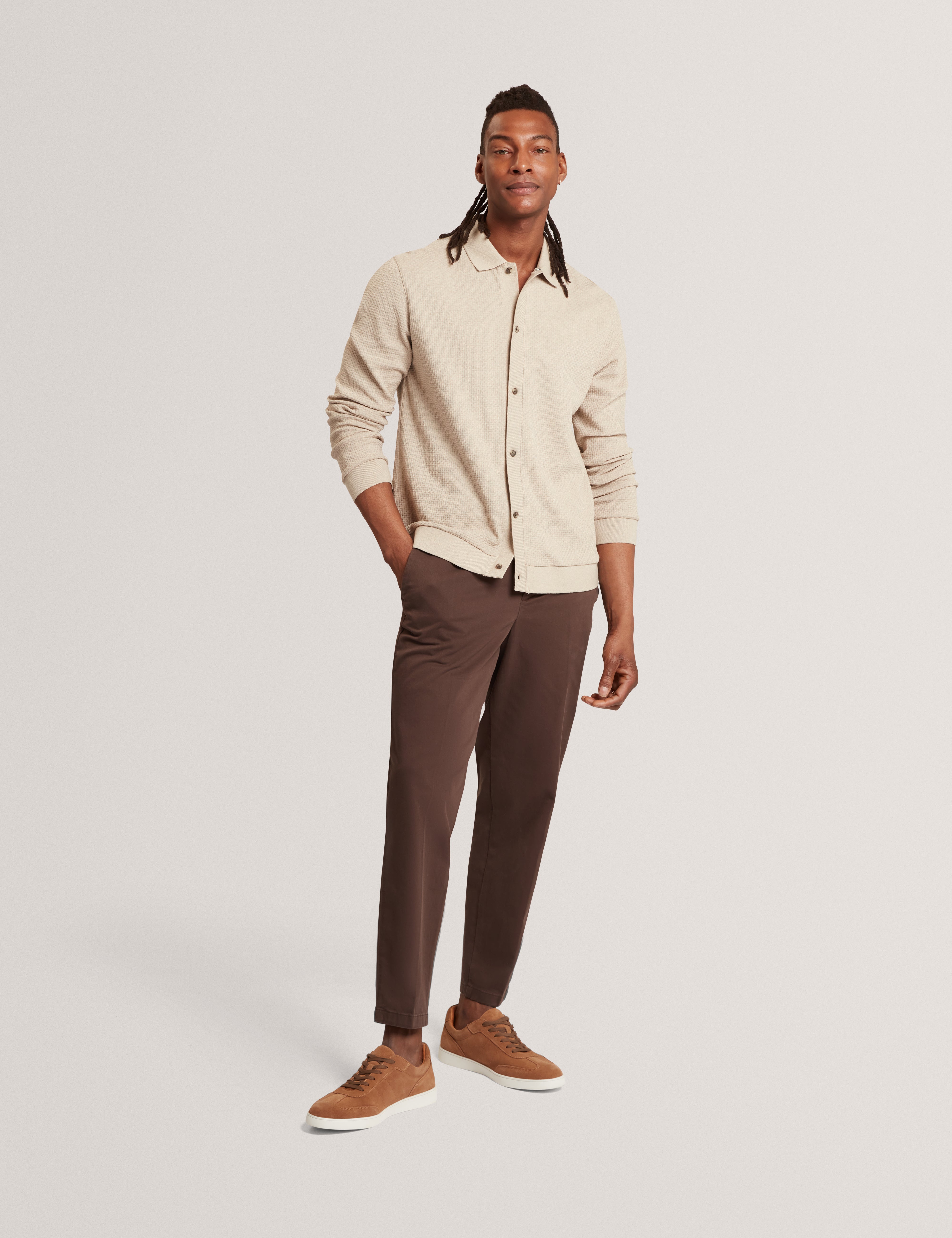 Wilkes Long Sleeve Regular Button Through Polo Taupe