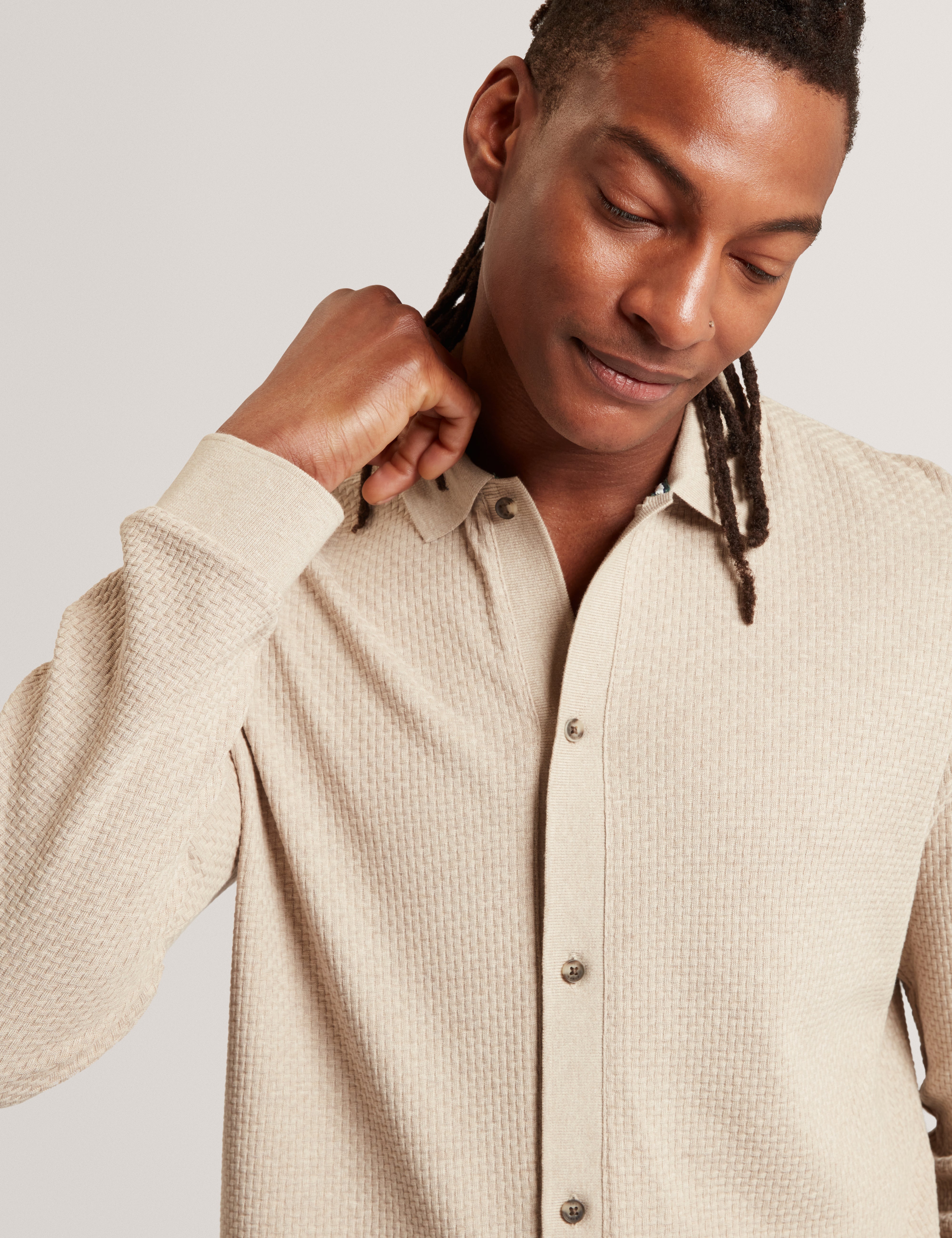 Wilkes Long Sleeve Regular Button Through Polo Taupe