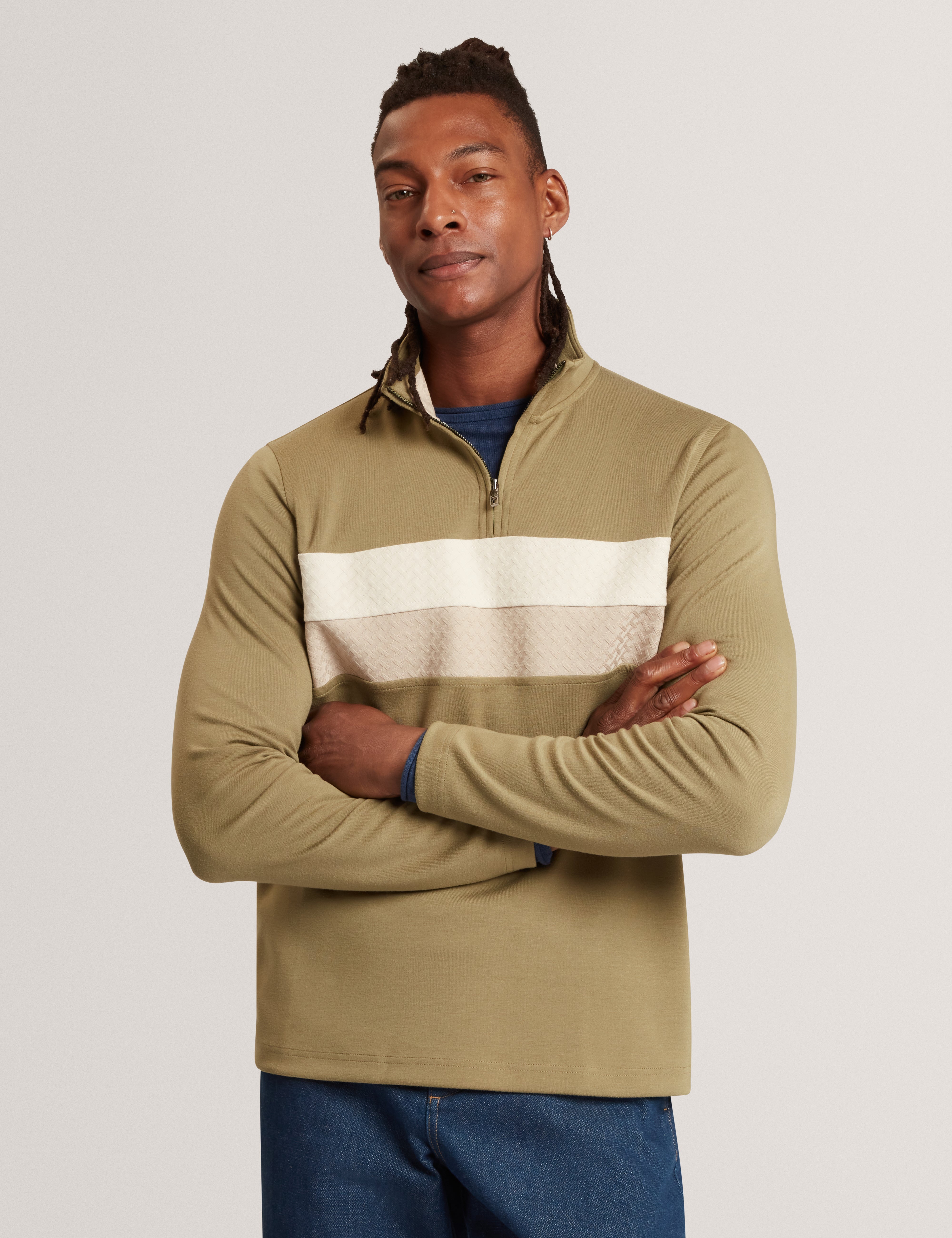 Viktoro T Stitch Contrast Panel Half-Zip Khaki