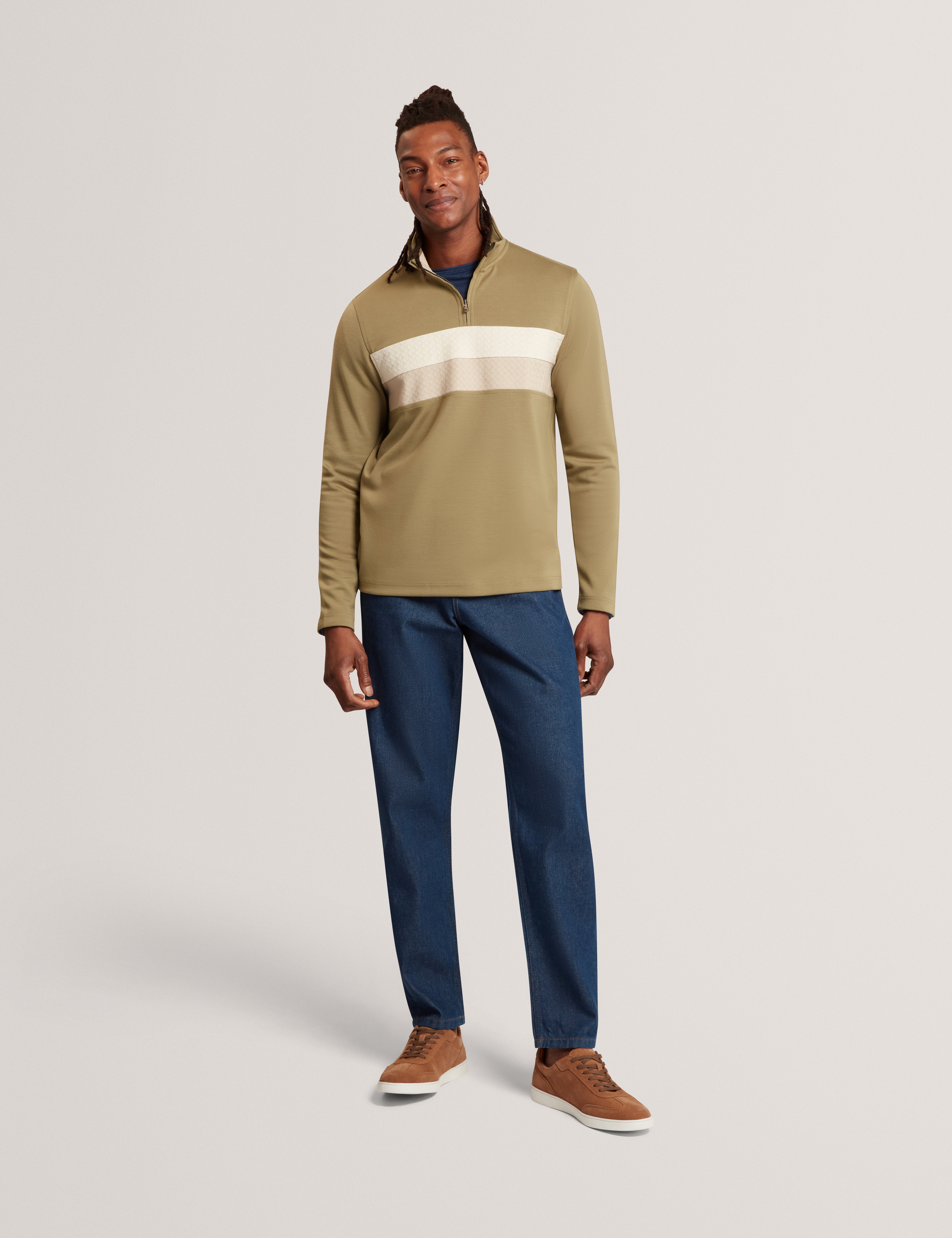 Viktoro T Stitch Contrast Panel Half-Zip Khaki