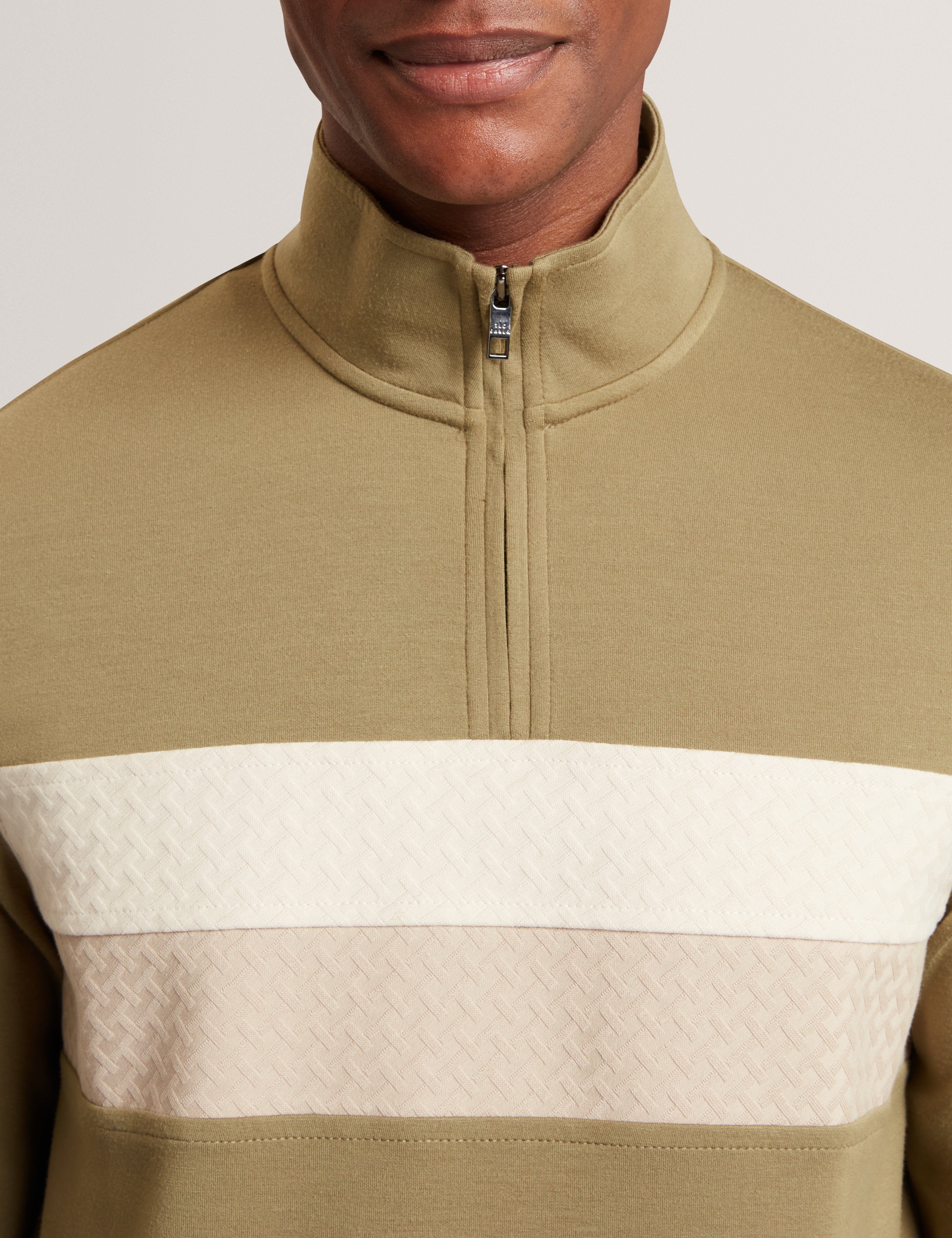 Viktoro T Stitch Contrast Panel Half-Zip Khaki