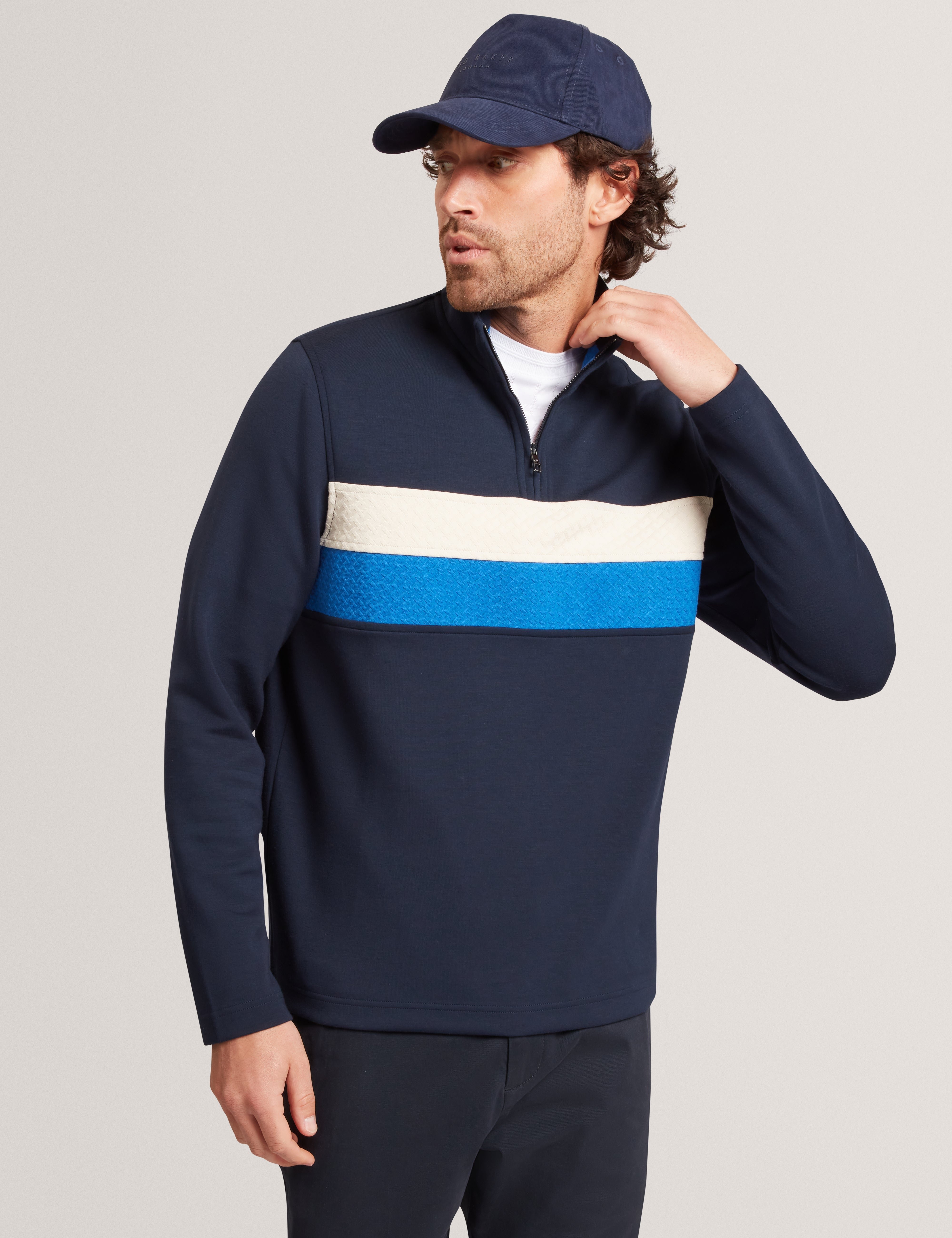 Viktoro T Stitch Contrast Panel Half-Zip Navy
