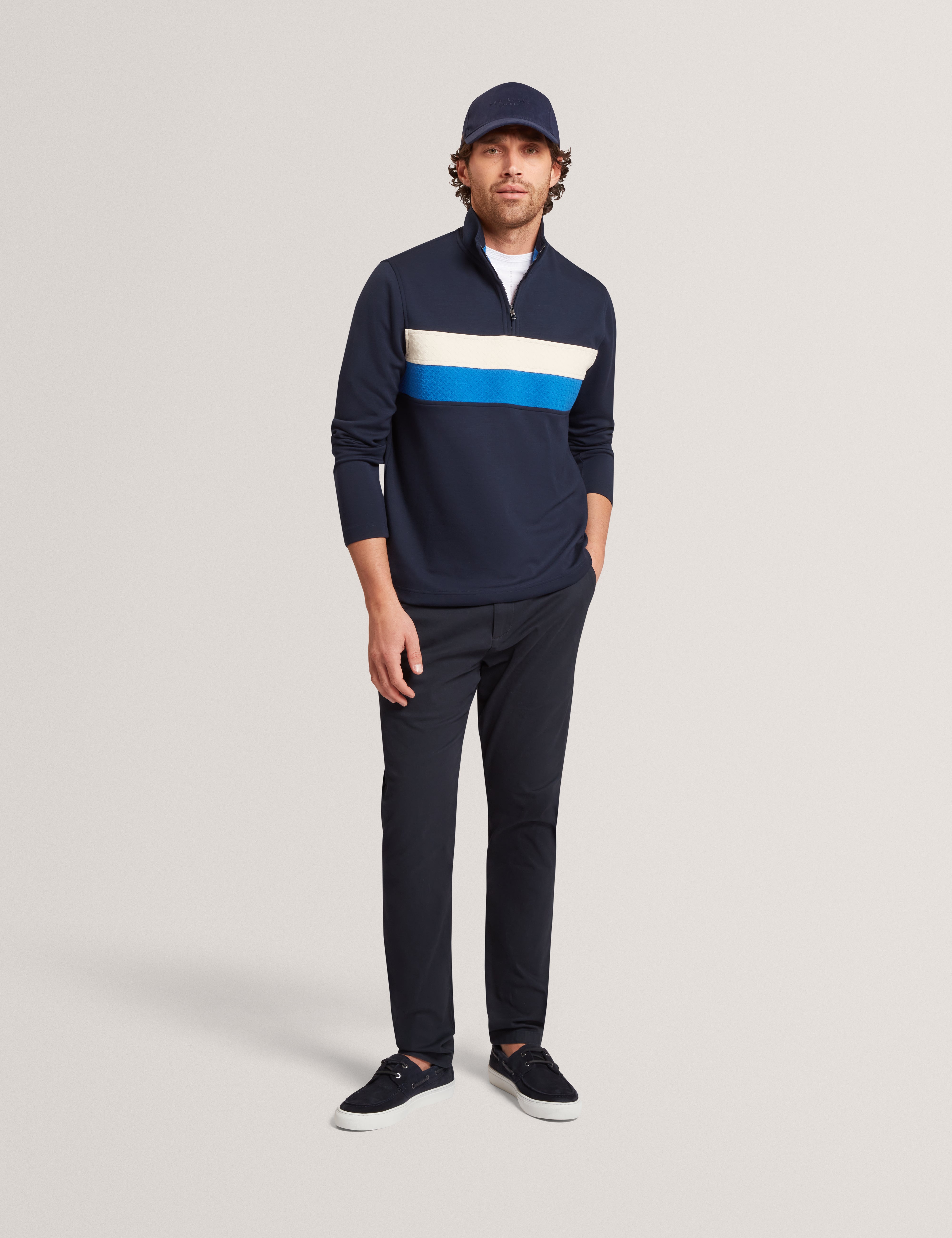 Viktoro T Stitch Contrast Panel Half-Zip Navy