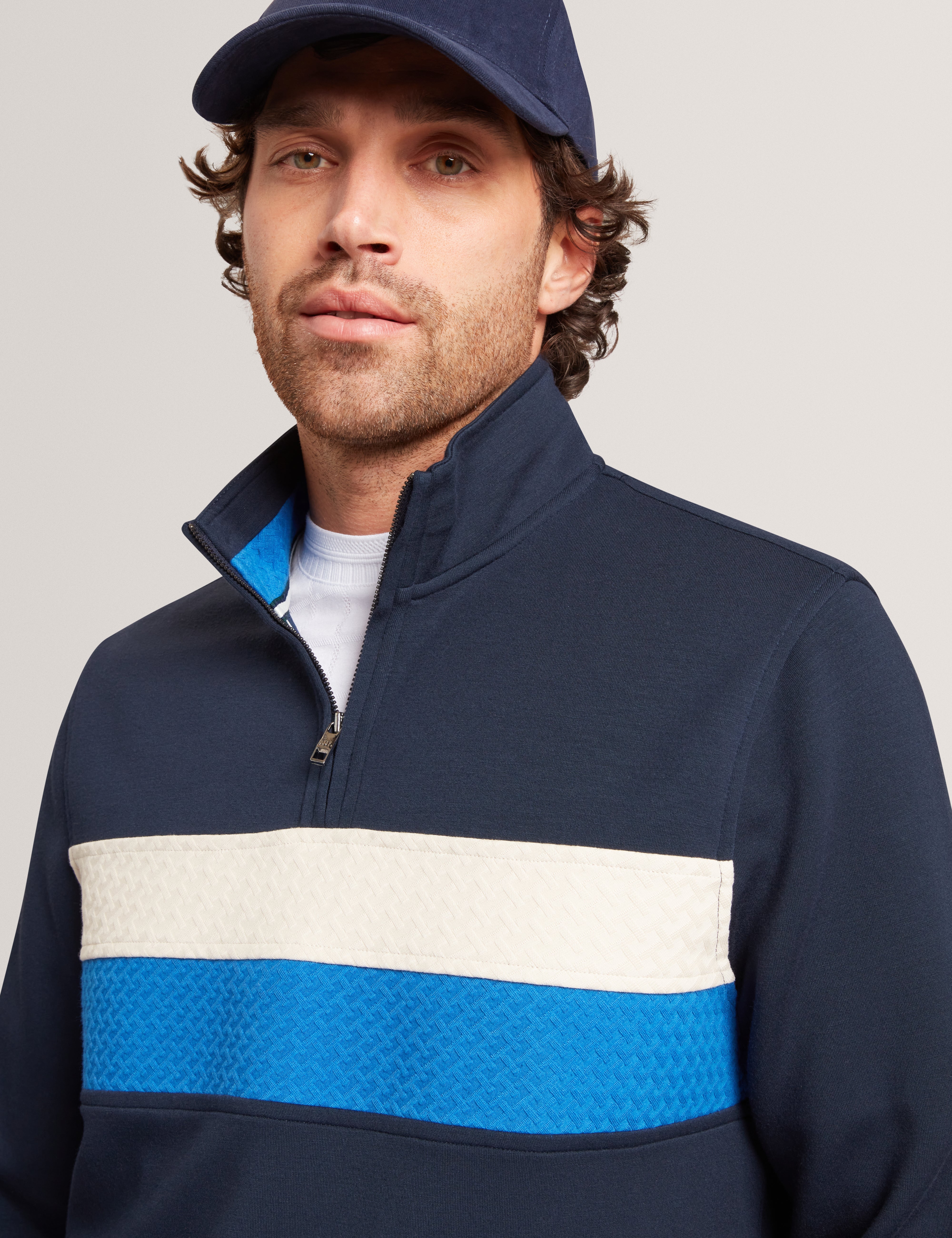 Viktoro T Stitch Contrast Panel Half-Zip Navy
