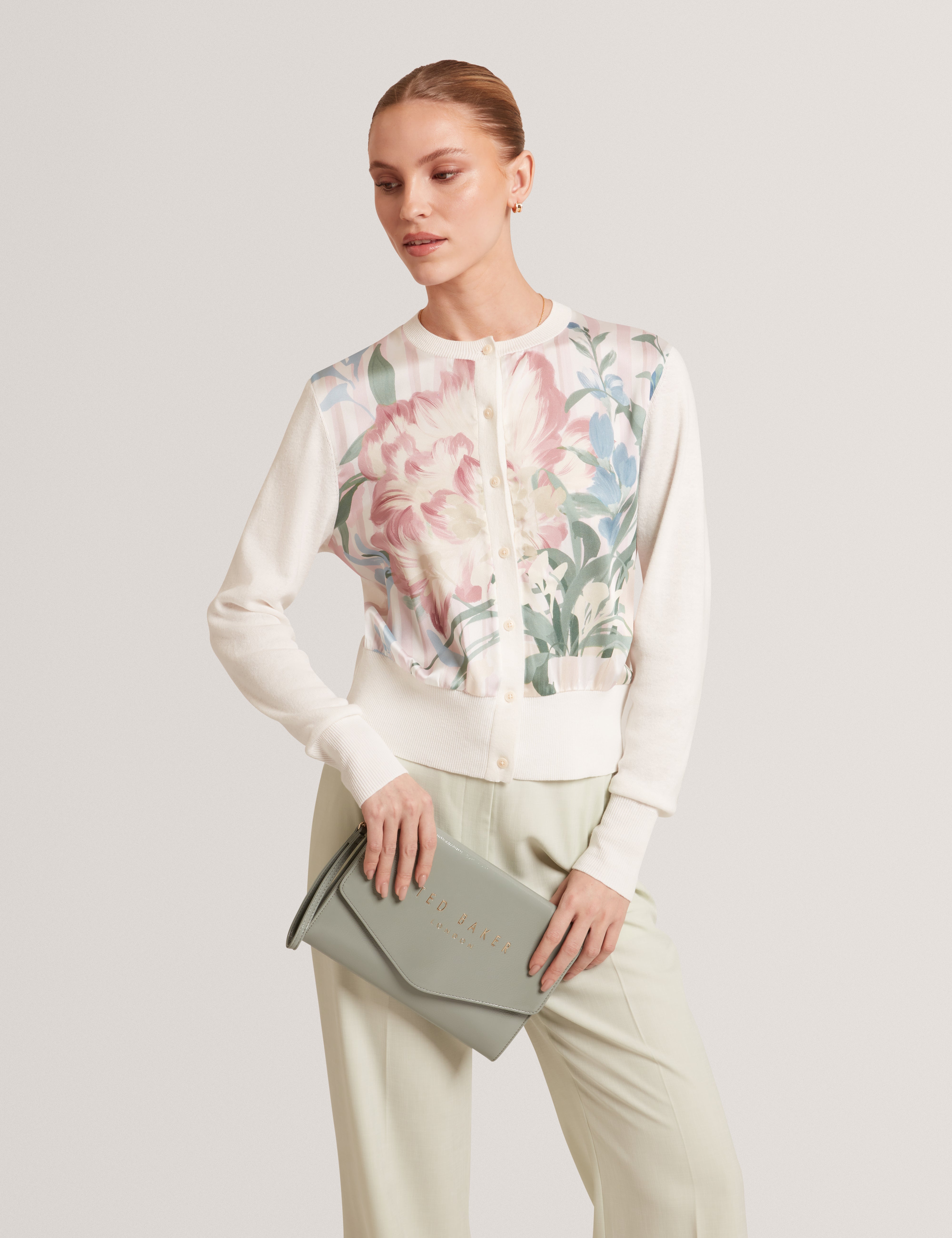 Briiar Printed Woven Front Cardigan Ivory