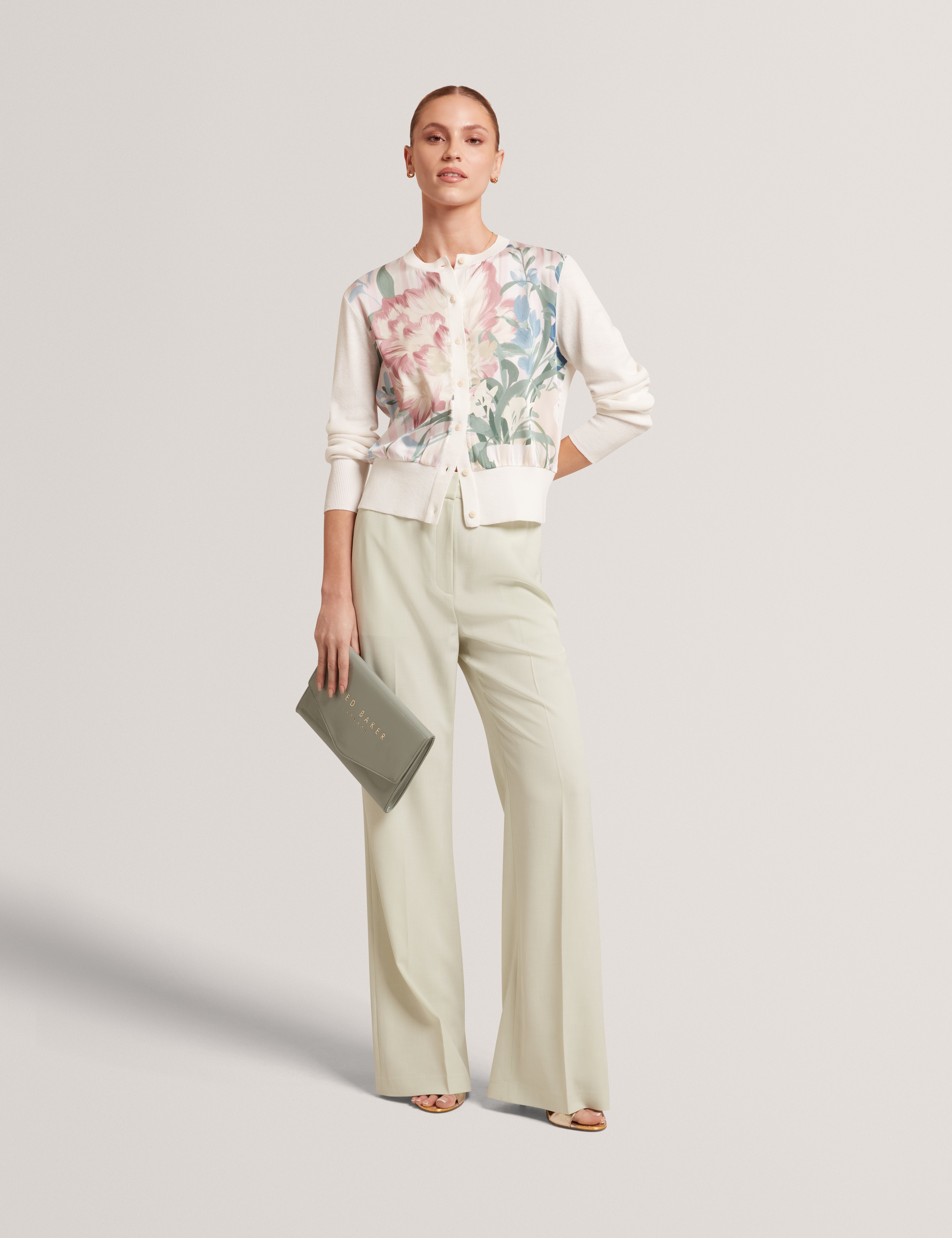 Briiar Printed Woven Front Cardigan Ivory