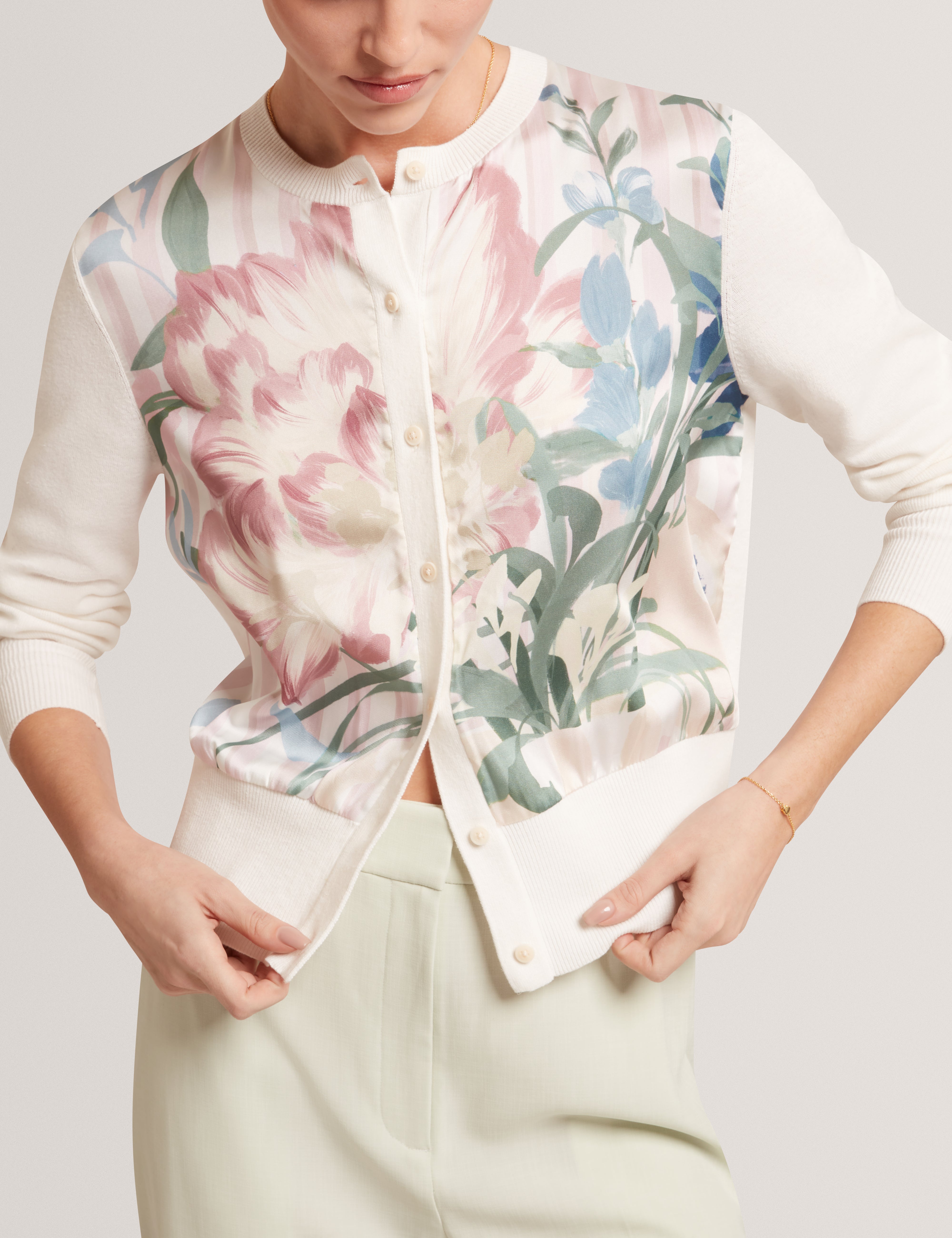 Briiar Printed Woven Front Cardigan Ivory