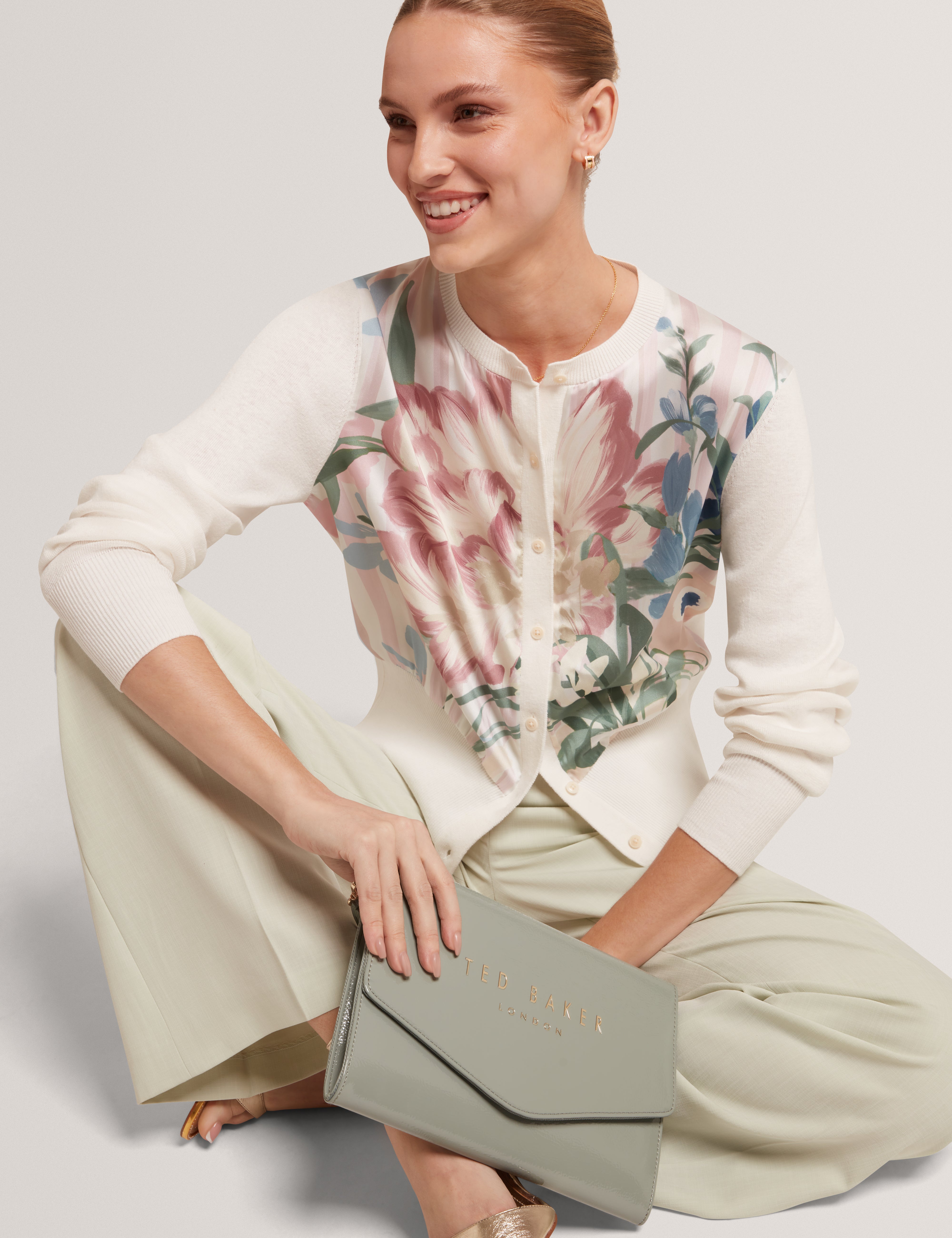 Briiar Printed Woven Front Cardigan Ivory