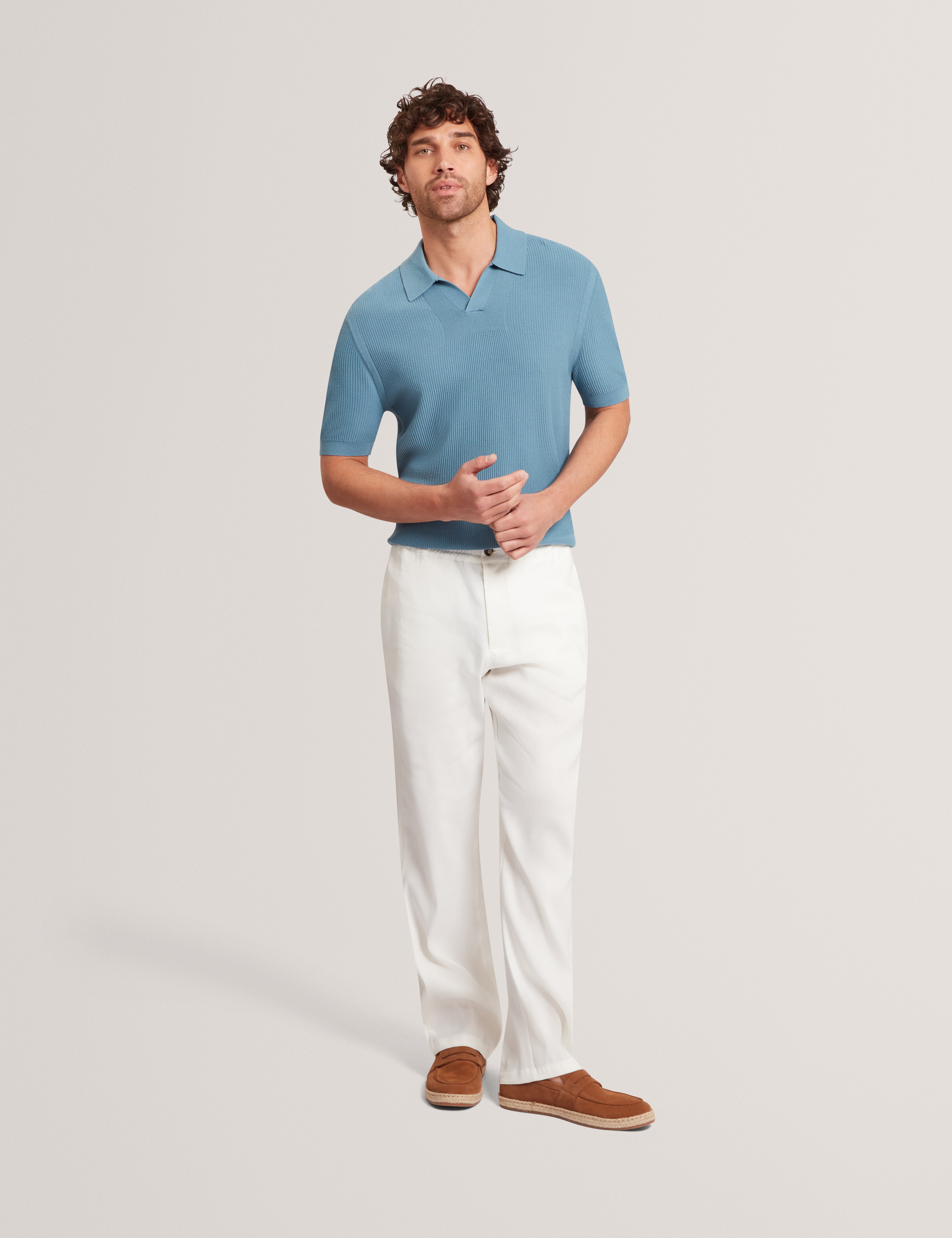 Aindrea Ss Stitch Detail Open Neck Polo Sky-Blue