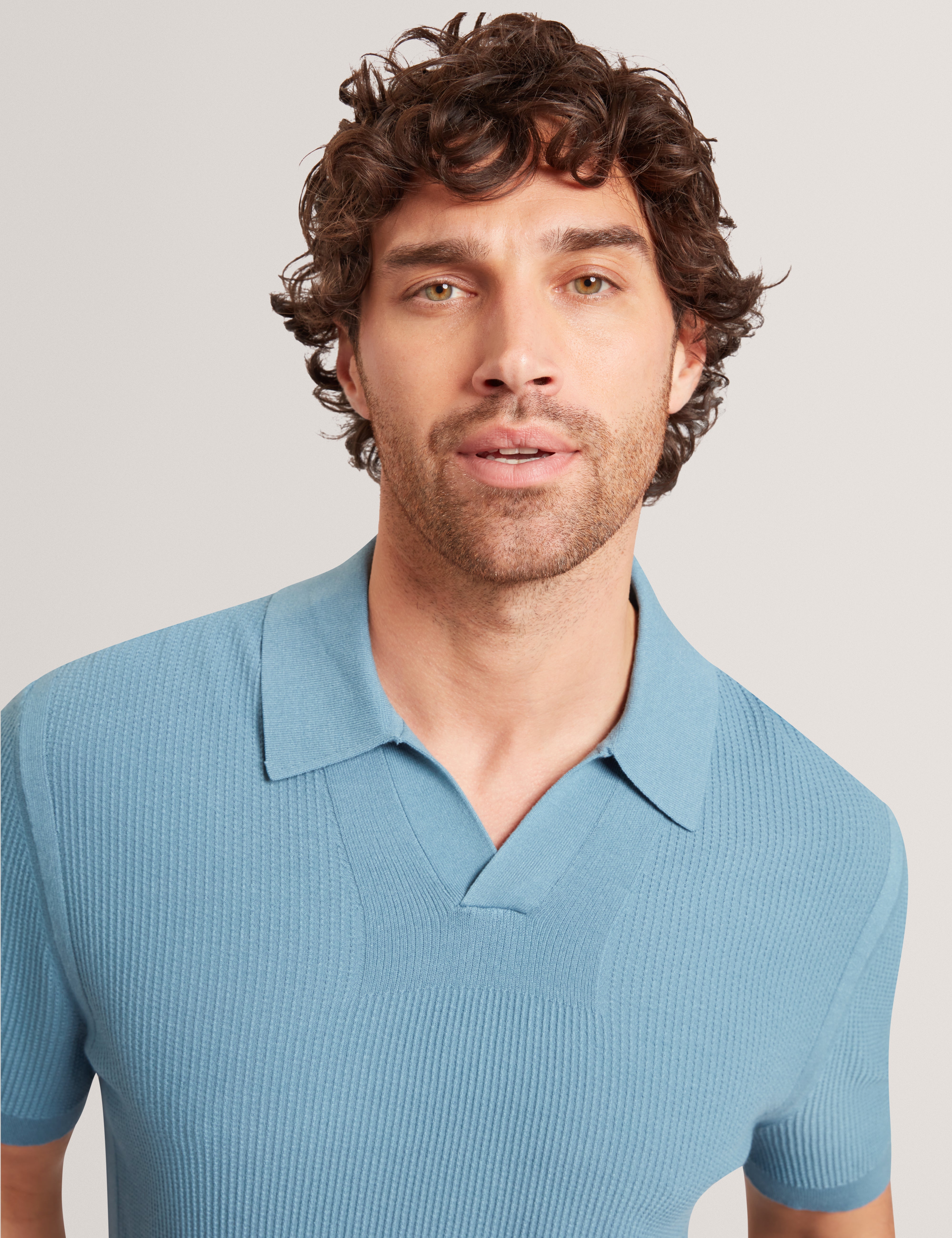 Aindrea Ss Stitch Detail Open Neck Polo Sky-Blue