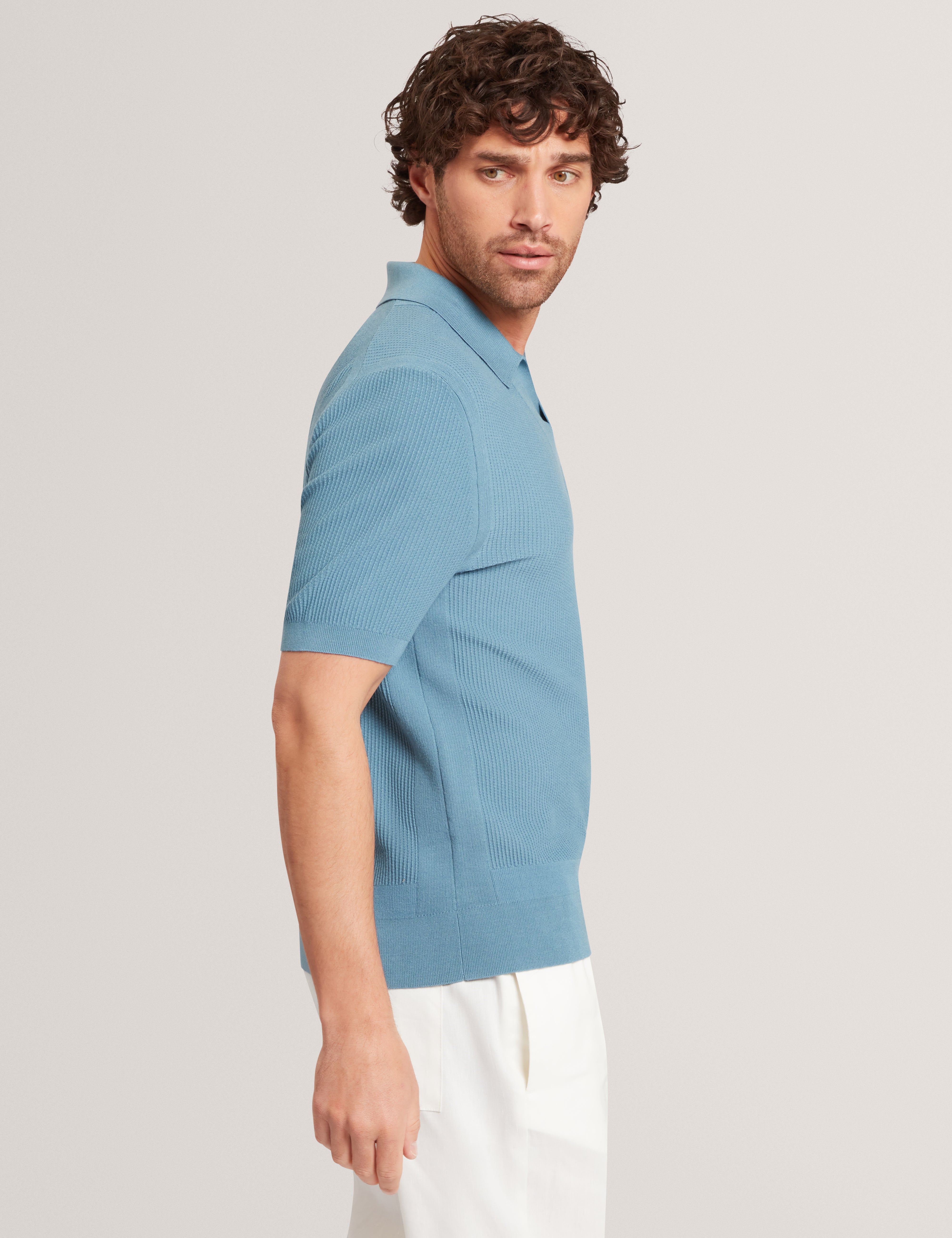 Aindrea Ss Stitch Detail Open Neck Polo Sky-Blue