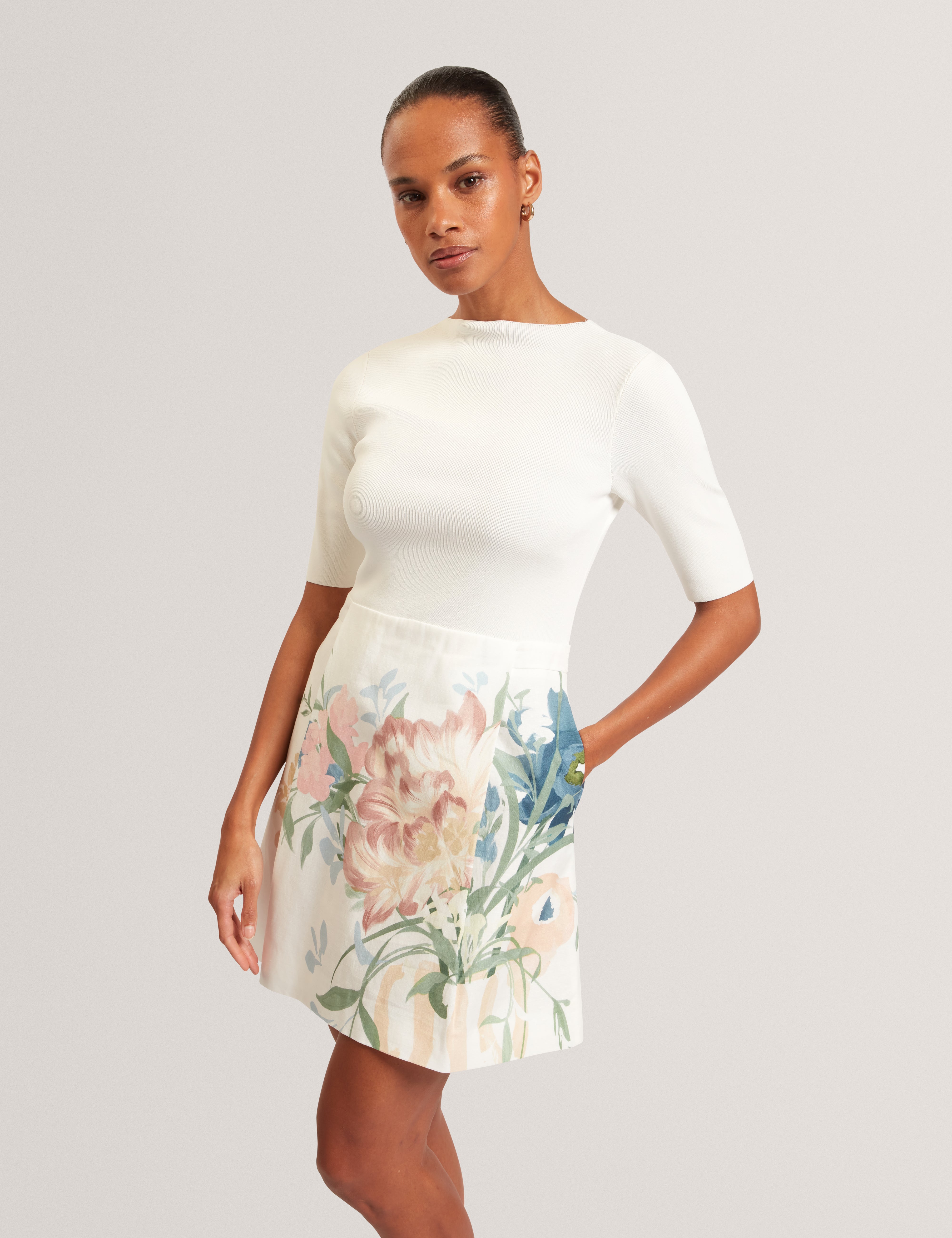 Elestre Knitted Mockable Mini Dress With Linen Ivory