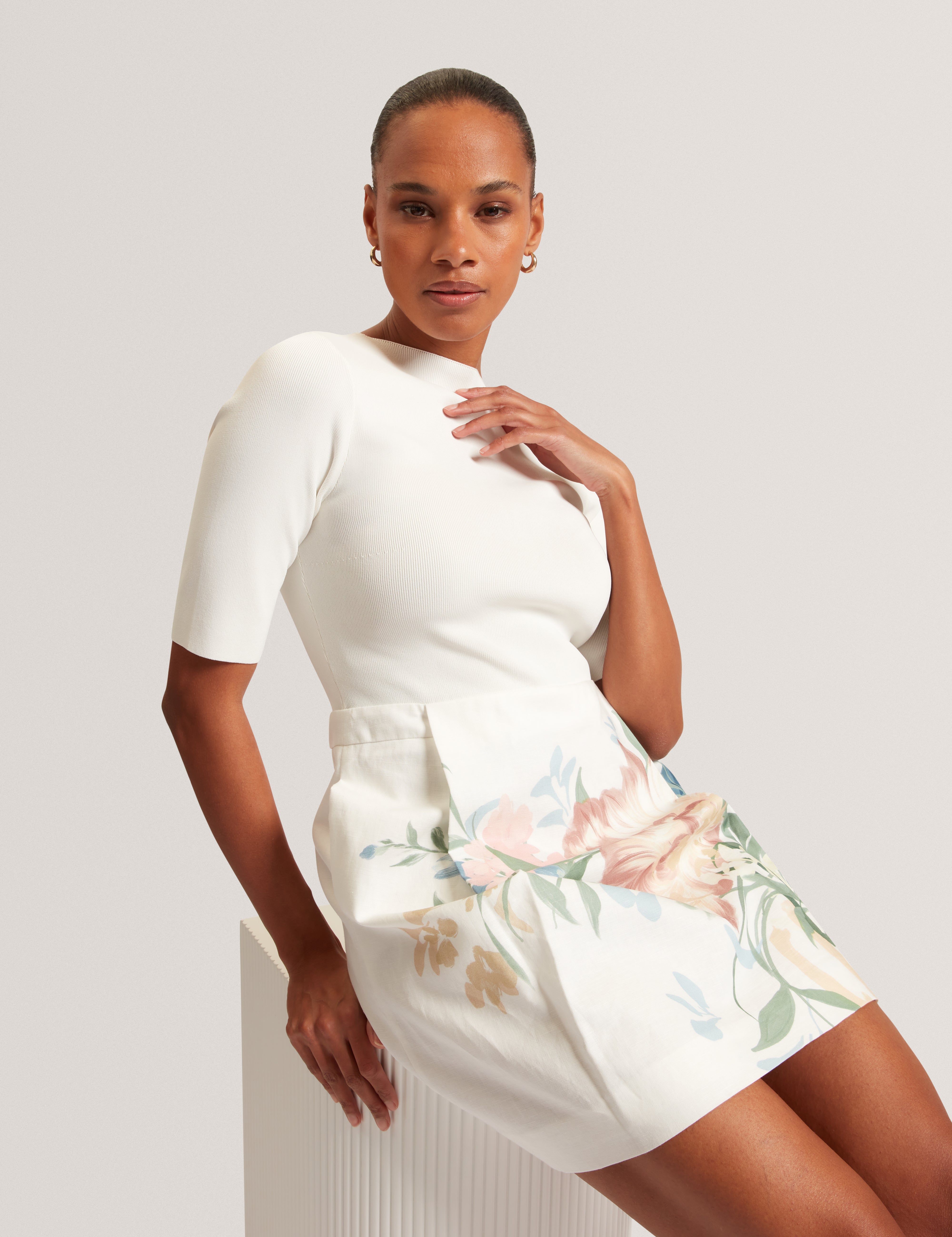 Elestre Knitted Mockable Mini Dress With Linen Ivory