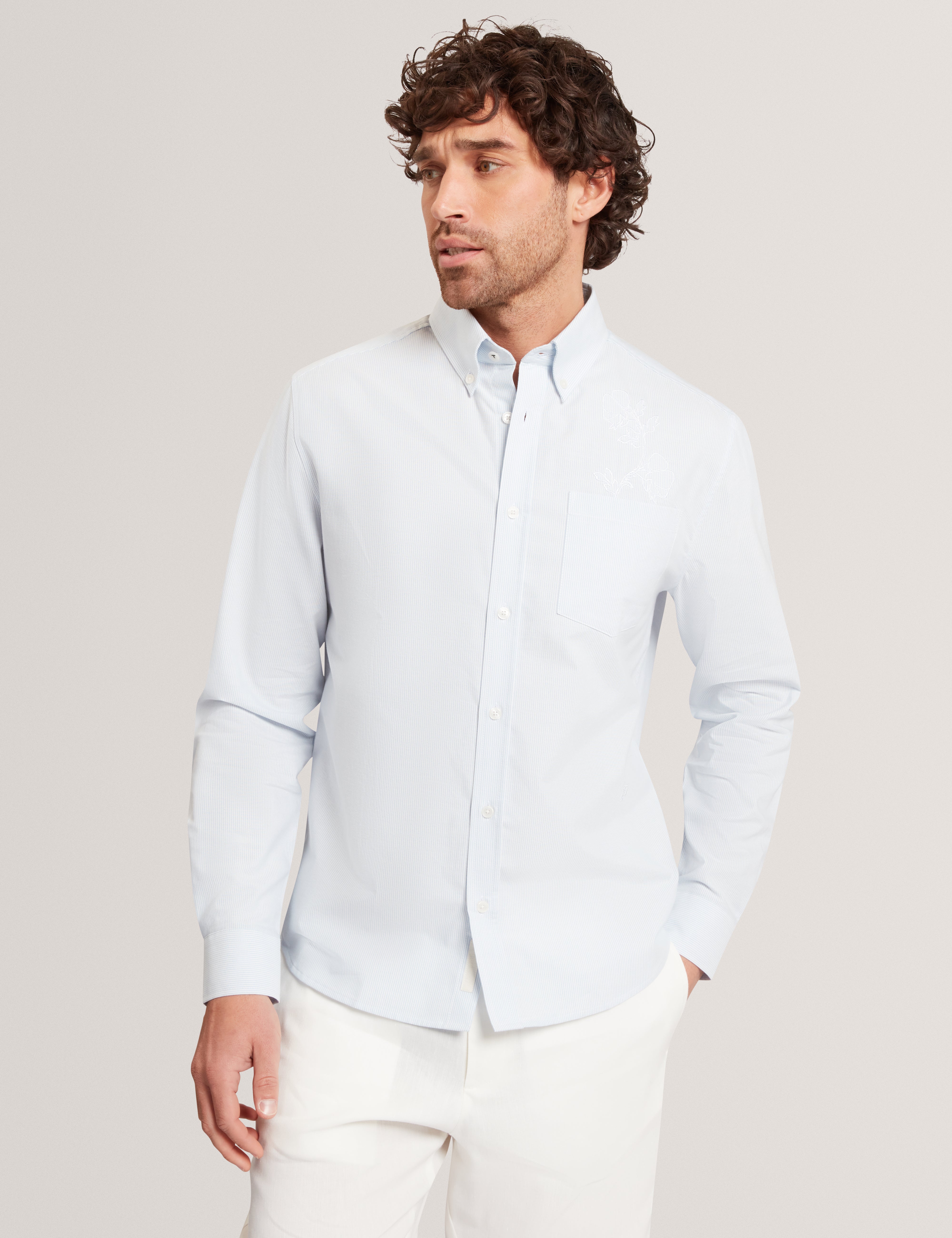 Diaby Ls Relaxed Placement Emboidered Floral Shirt Blue