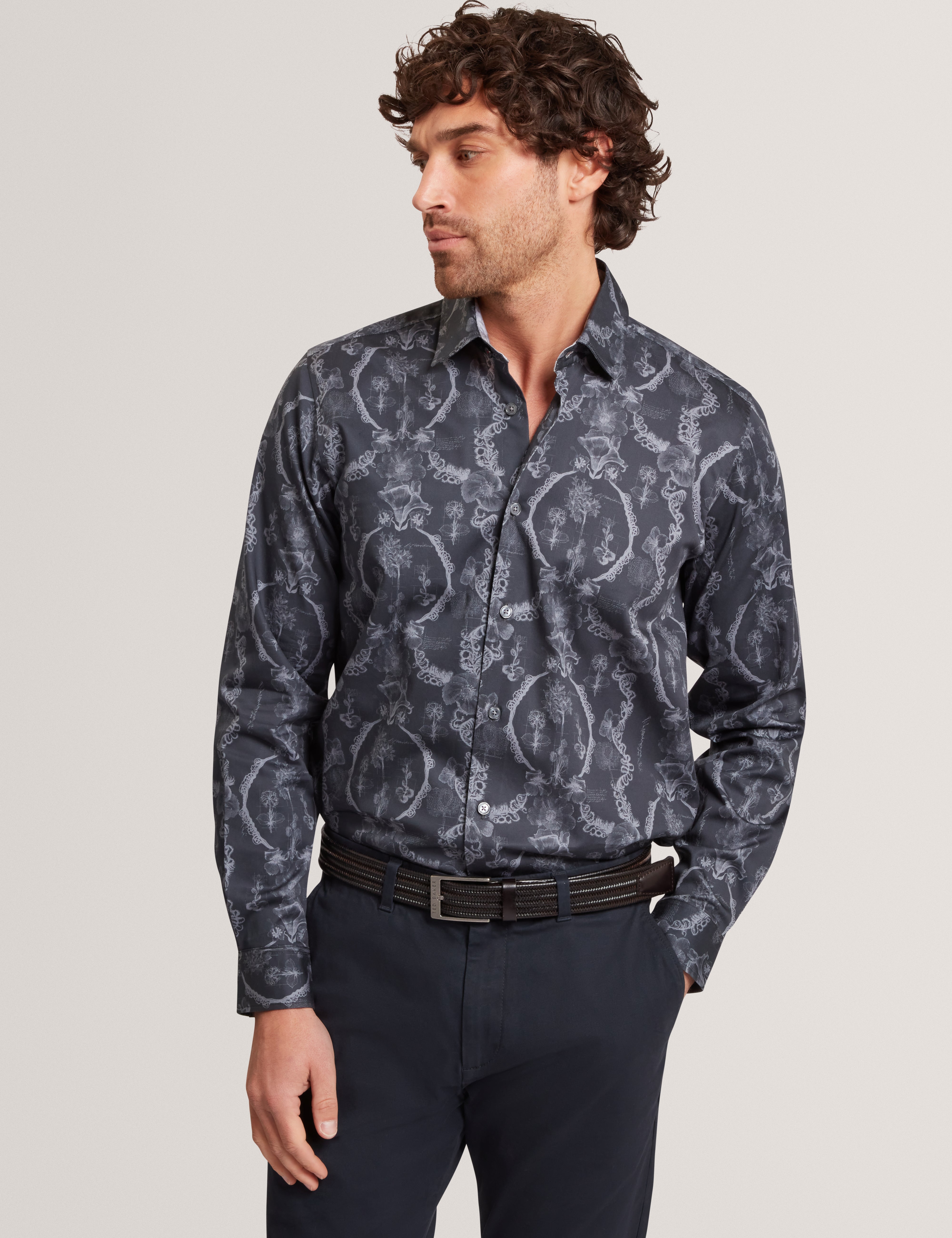 Baddley Ls Regular Lace Print Shirt Navy