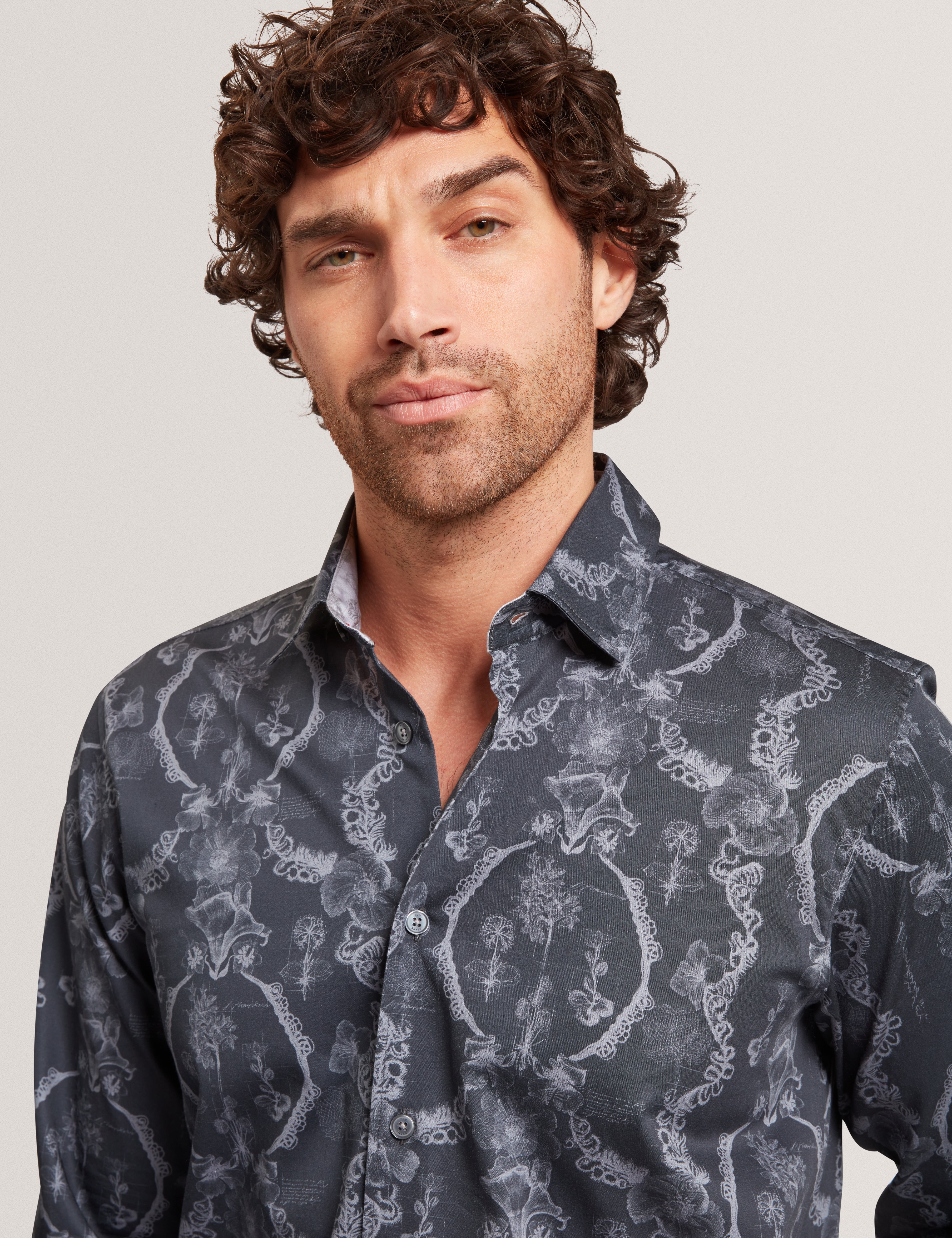 Baddley Ls Regular Lace Print Shirt Navy