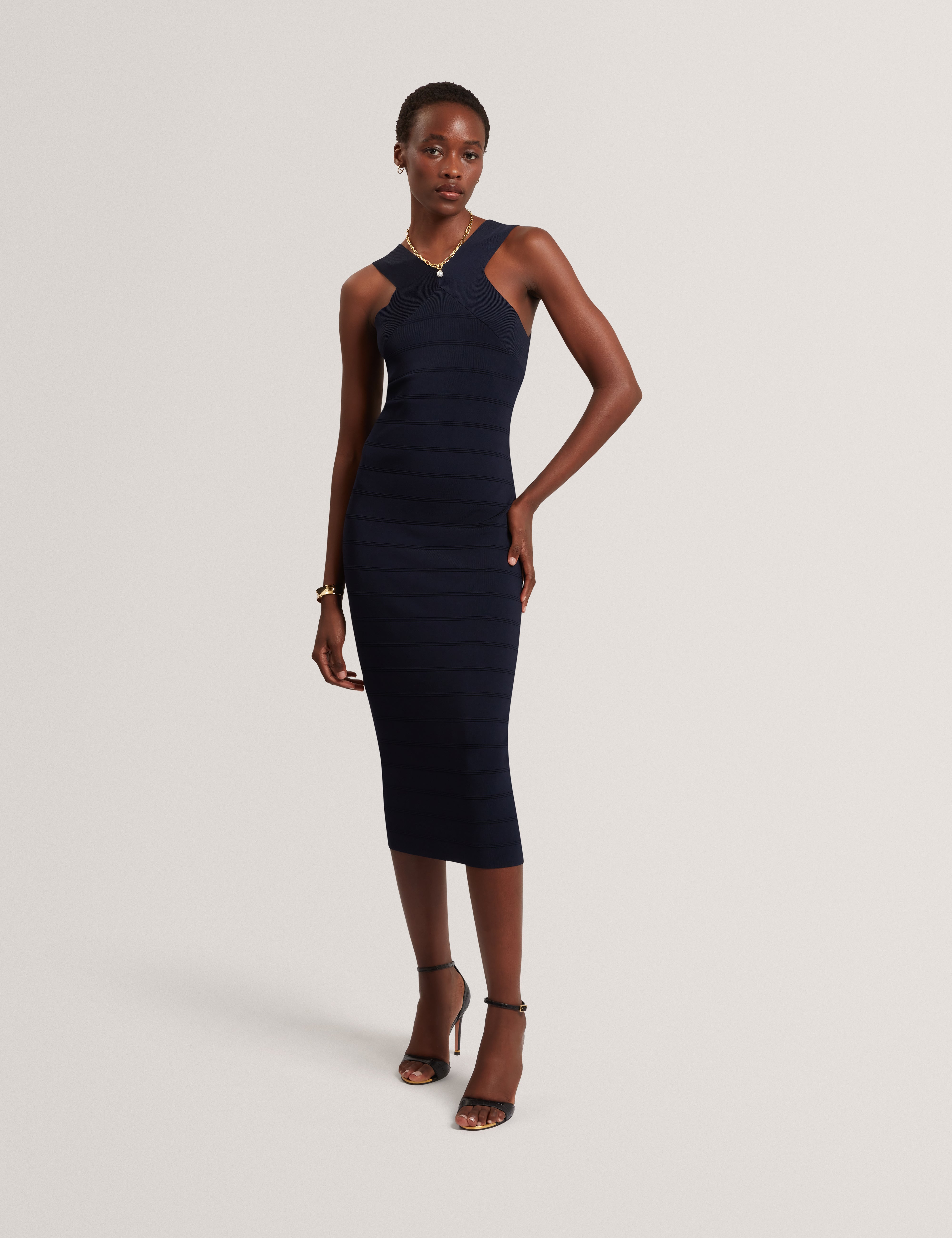 Ardiele Cross Neck Bandage Bodycon Knitted Dress Navy