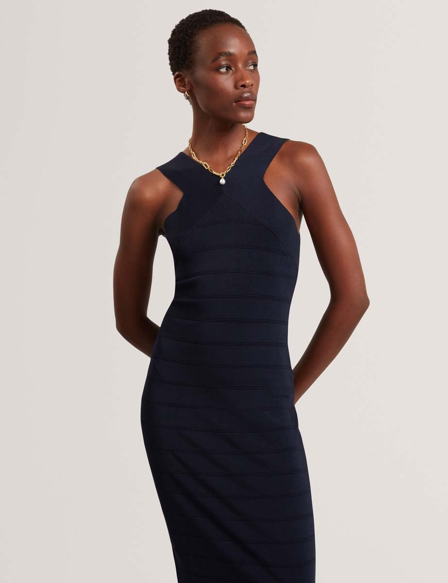 Ardiele Cross Neck Bandage Bodycon Knitted Dress Navy