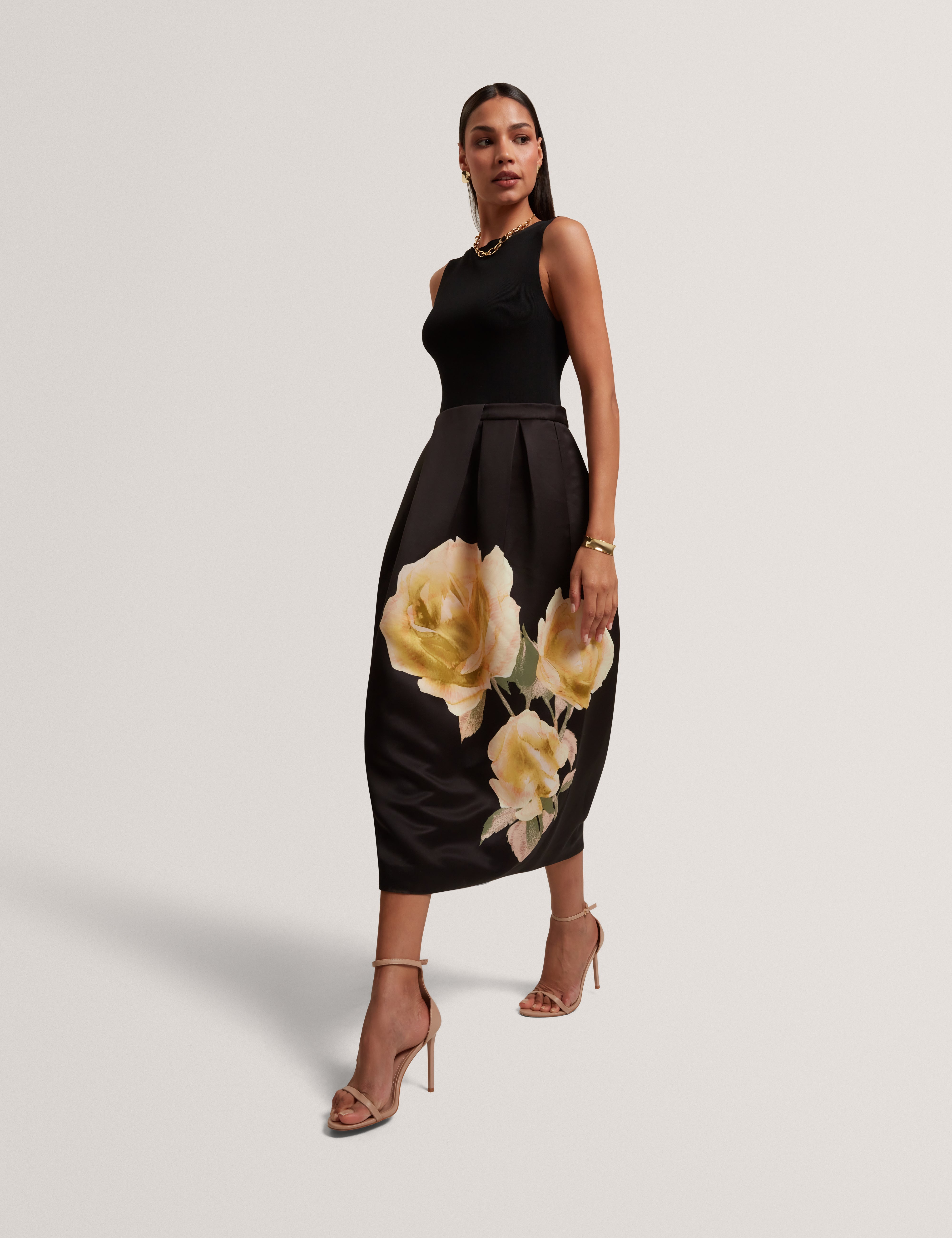 Verinie Mockable Midi Dress With Printed Skirt Black
