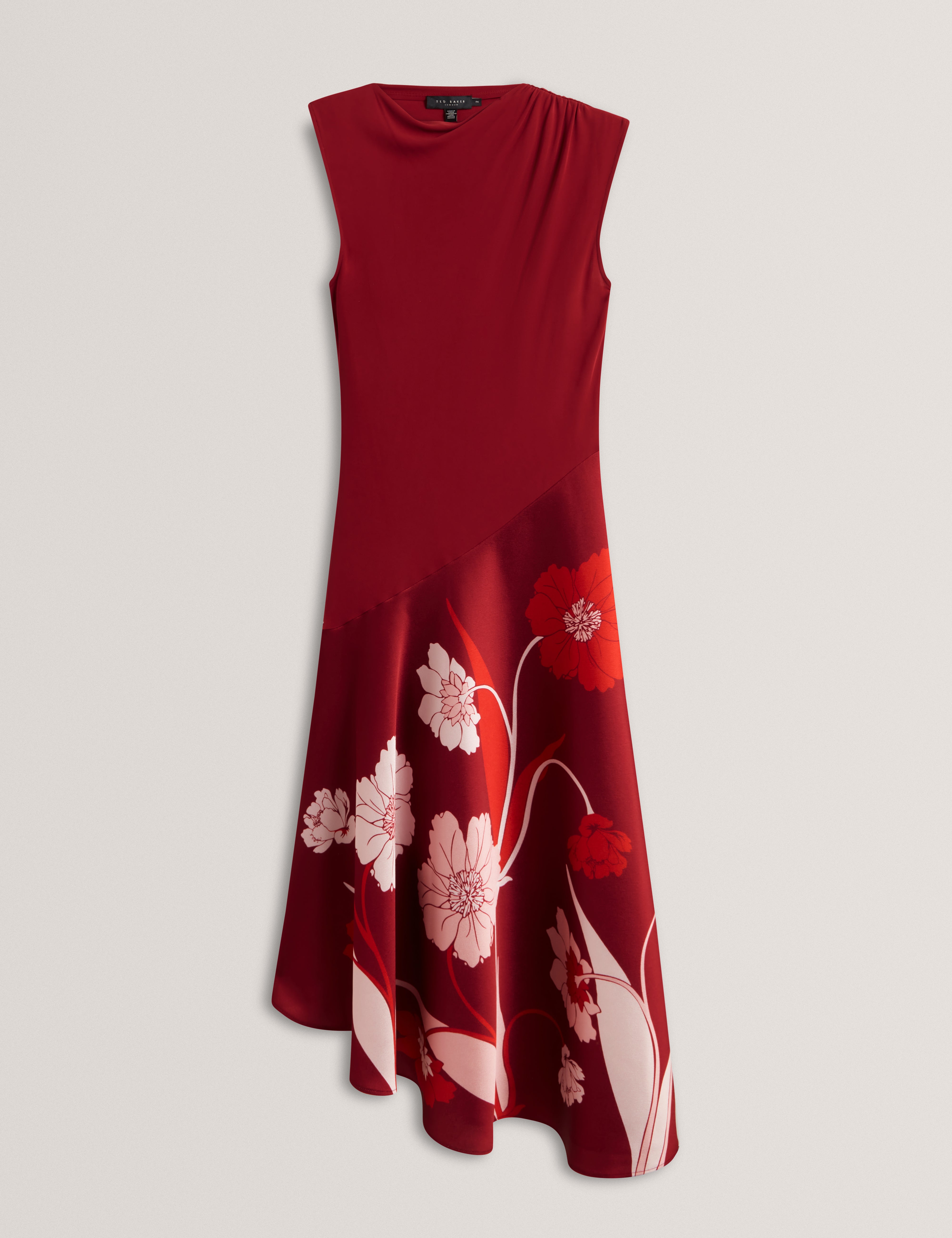 Aulya Printed Jersey Midi Dress With Satin Skirt Dk-Red