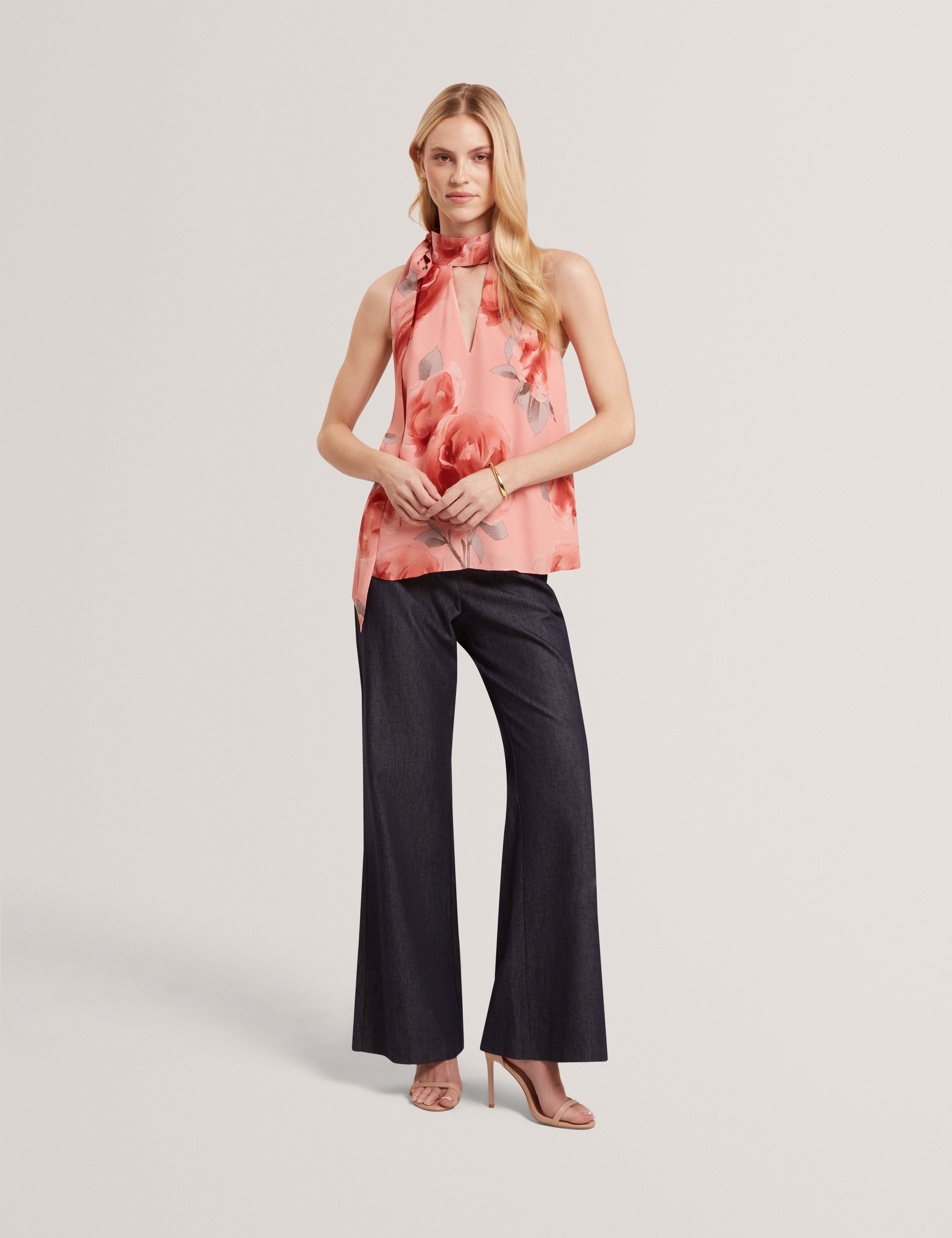 Ambera Printed Tie Halter Neck Top Coral