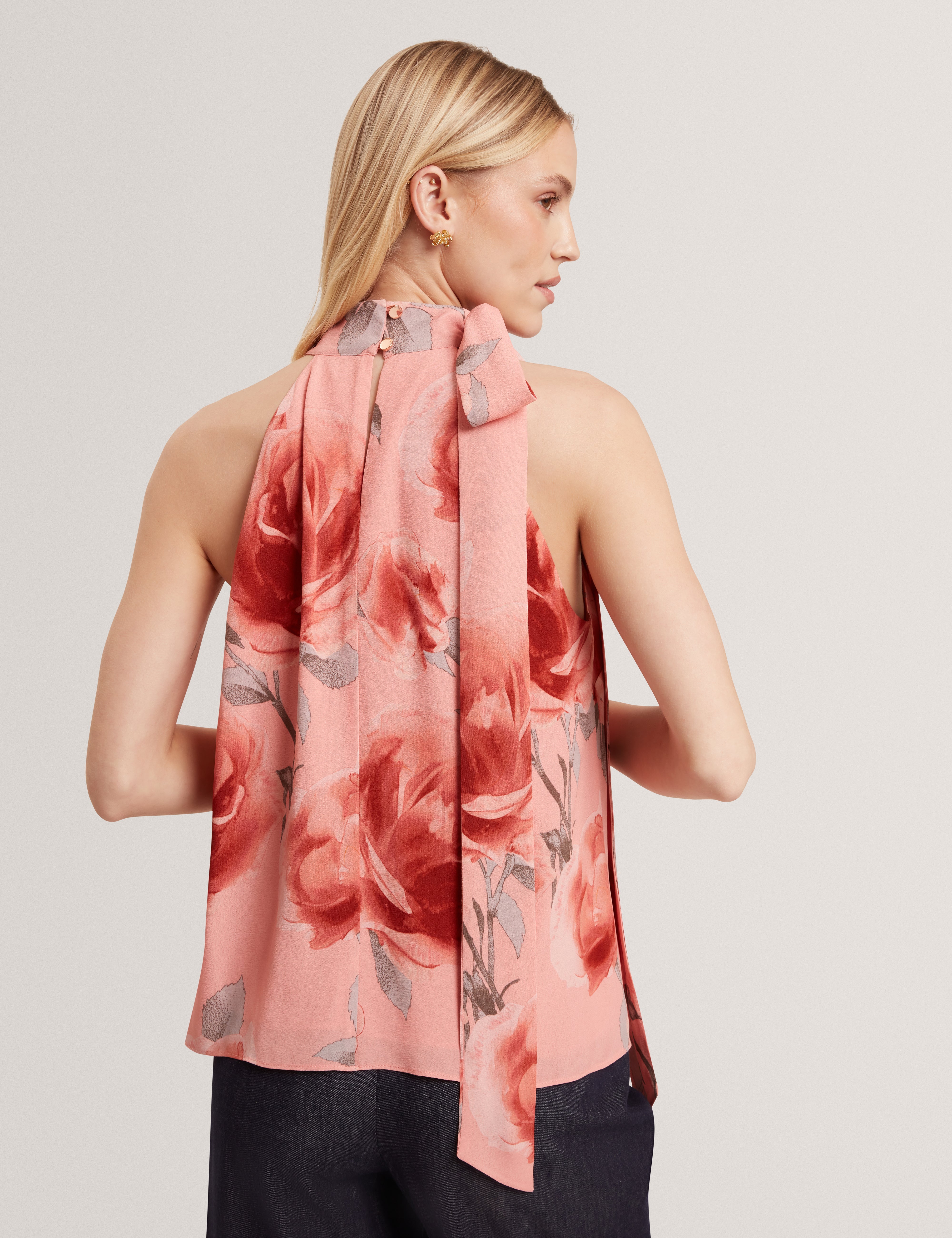 Ambera Printed Tie Halter Neck Top Coral