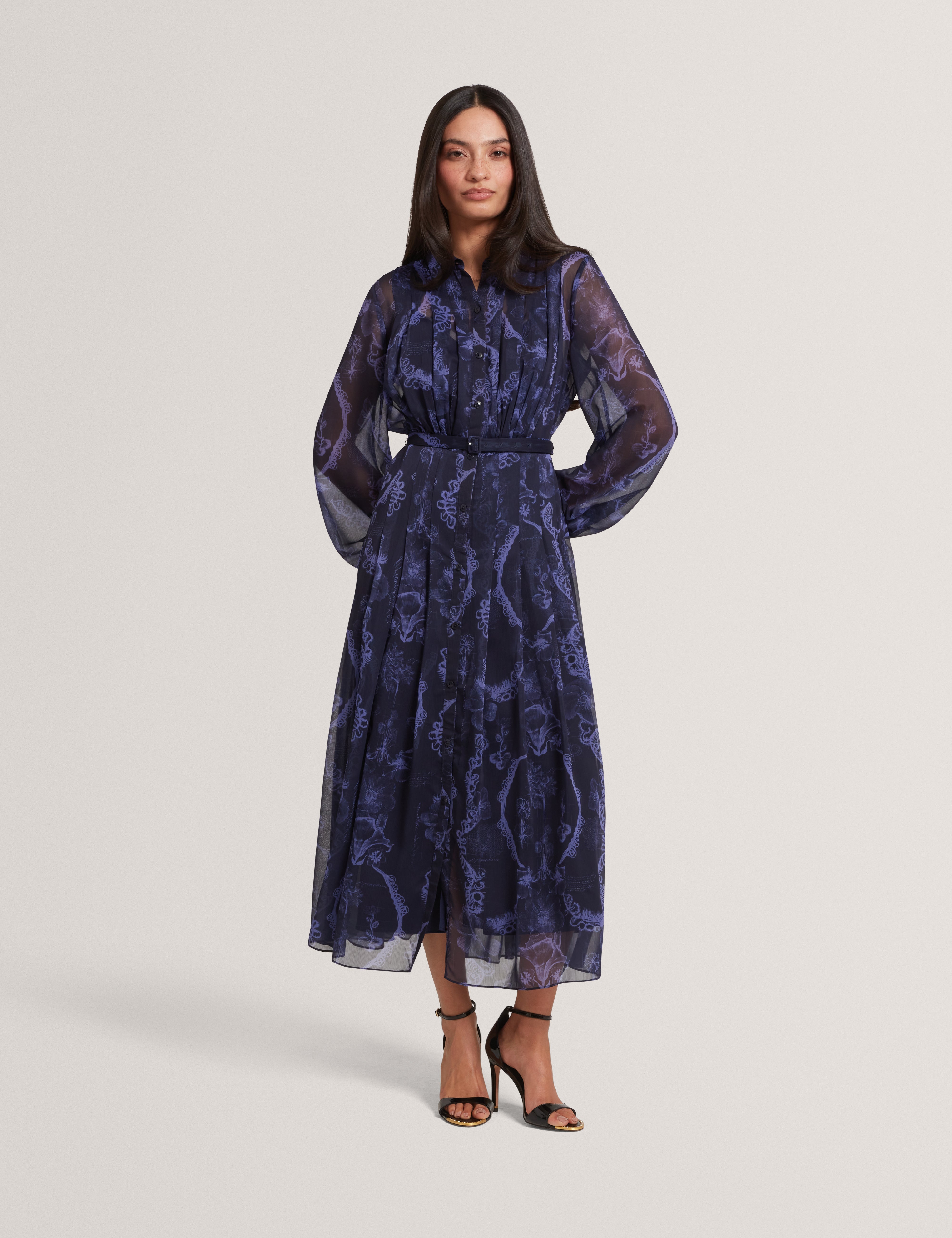 Oskana Pleated Midi Printed Shirt Dress Navy