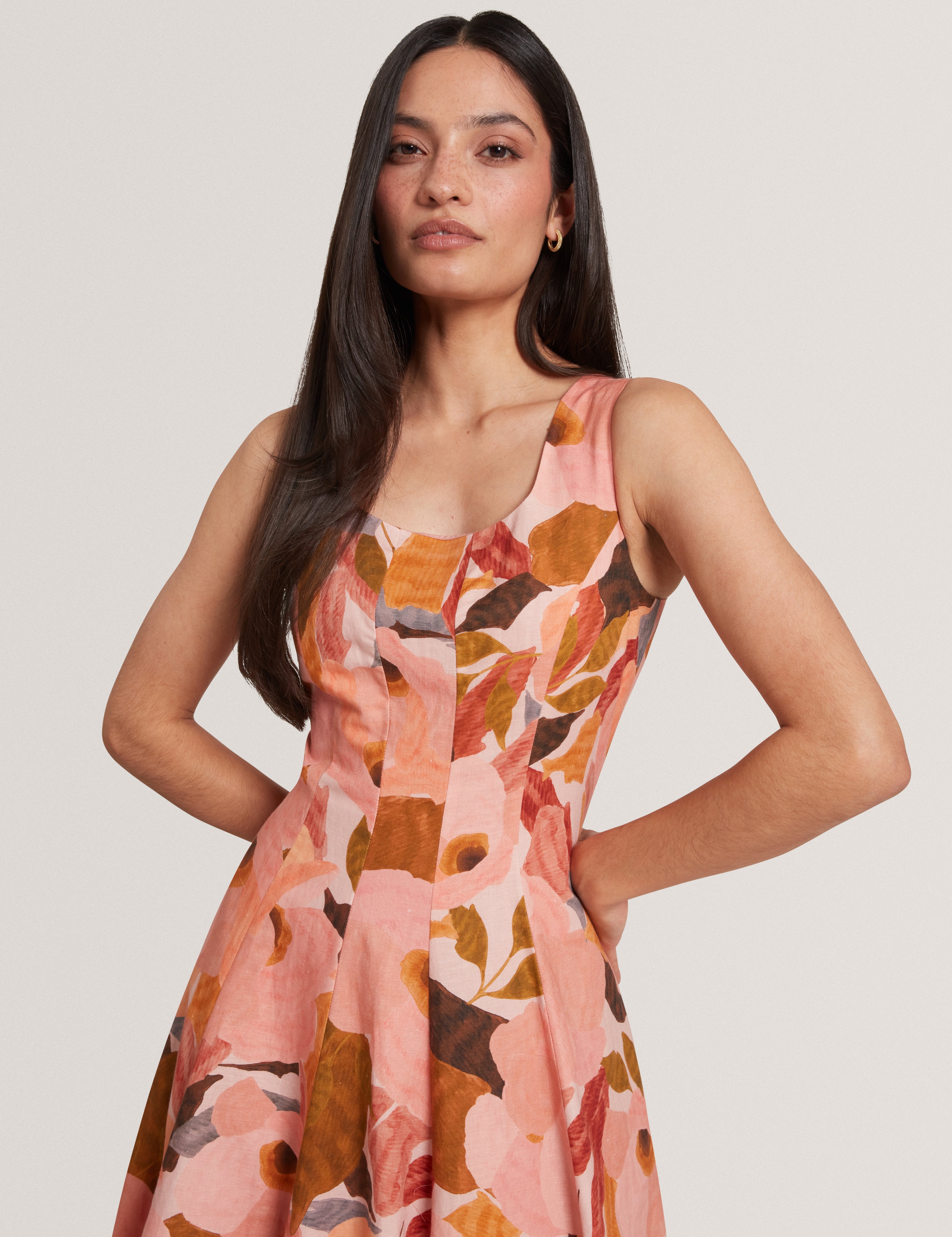 Shivana Printed Linen Blend Midi Dress Coral